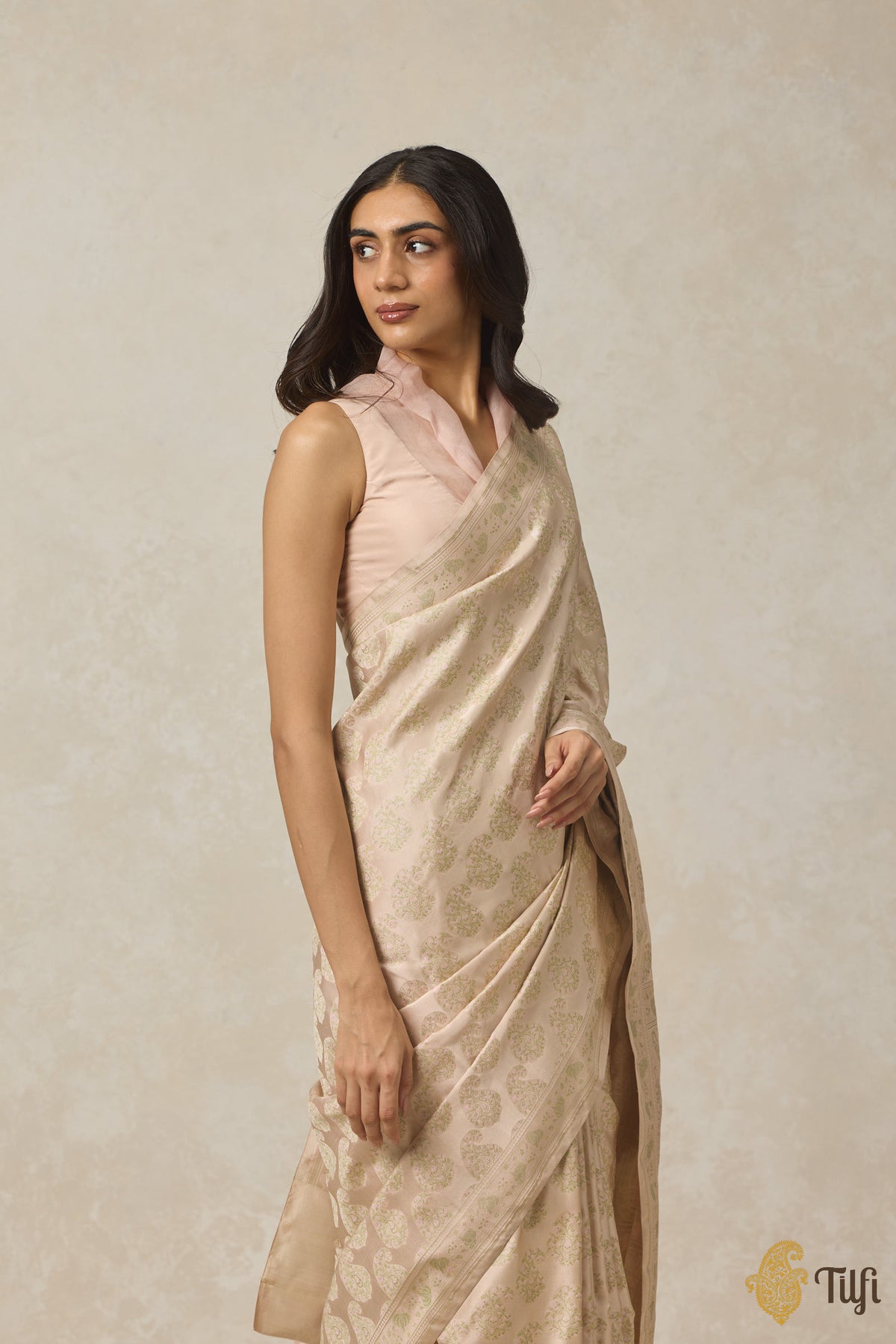 Beige Pure Soft Satin Silk Tanchoi Jamawar Banarasi Handloom Saree