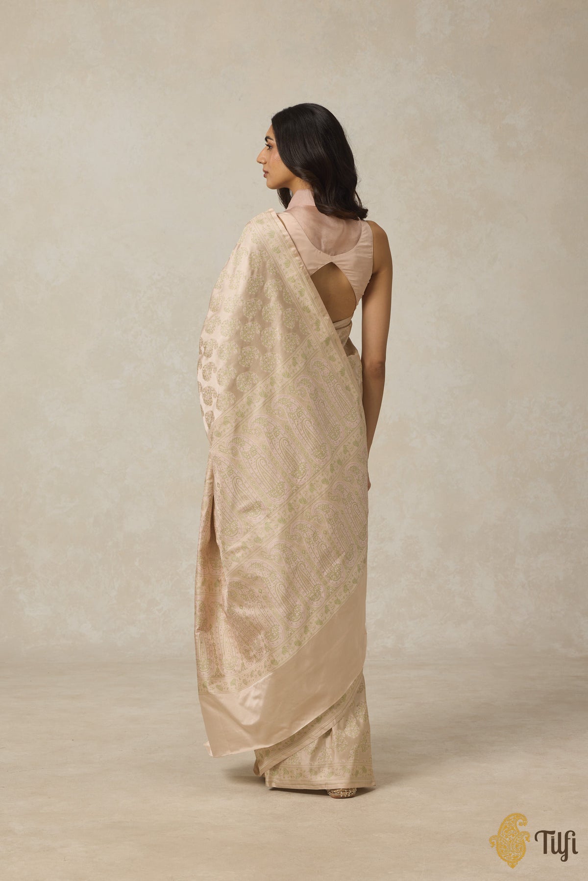 Beige Pure Soft Satin Silk Tanchoi Jamawar Banarasi Handloom Saree