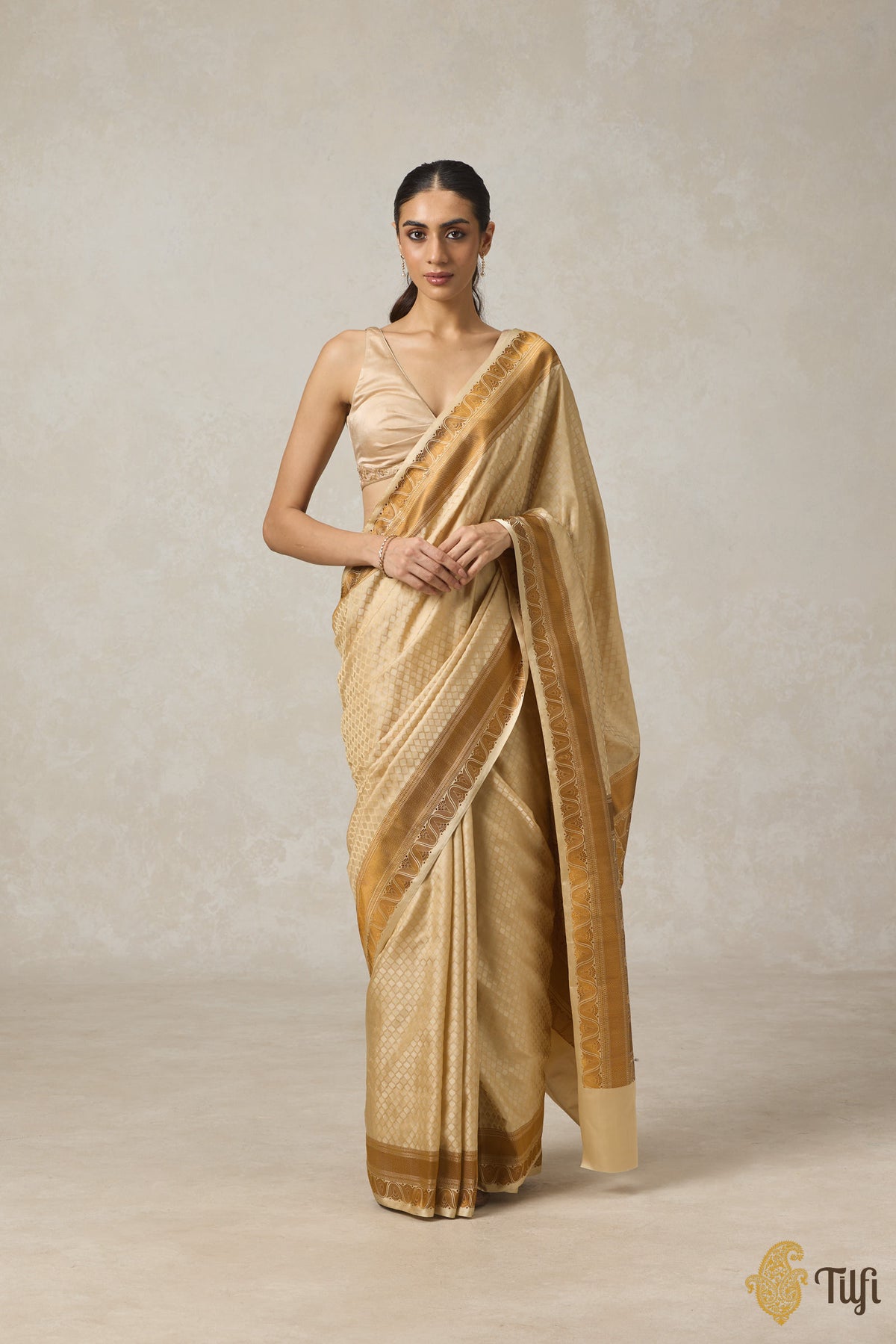 Beige Pure Soft Satin Silk Banarasi Handloom Saree