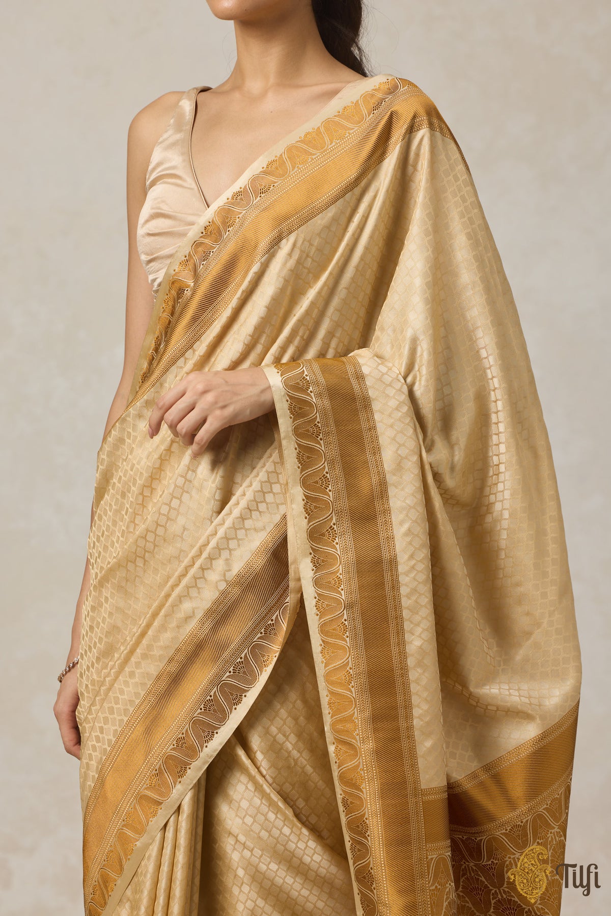 Beige Pure Soft Satin Silk Banarasi Handloom Saree