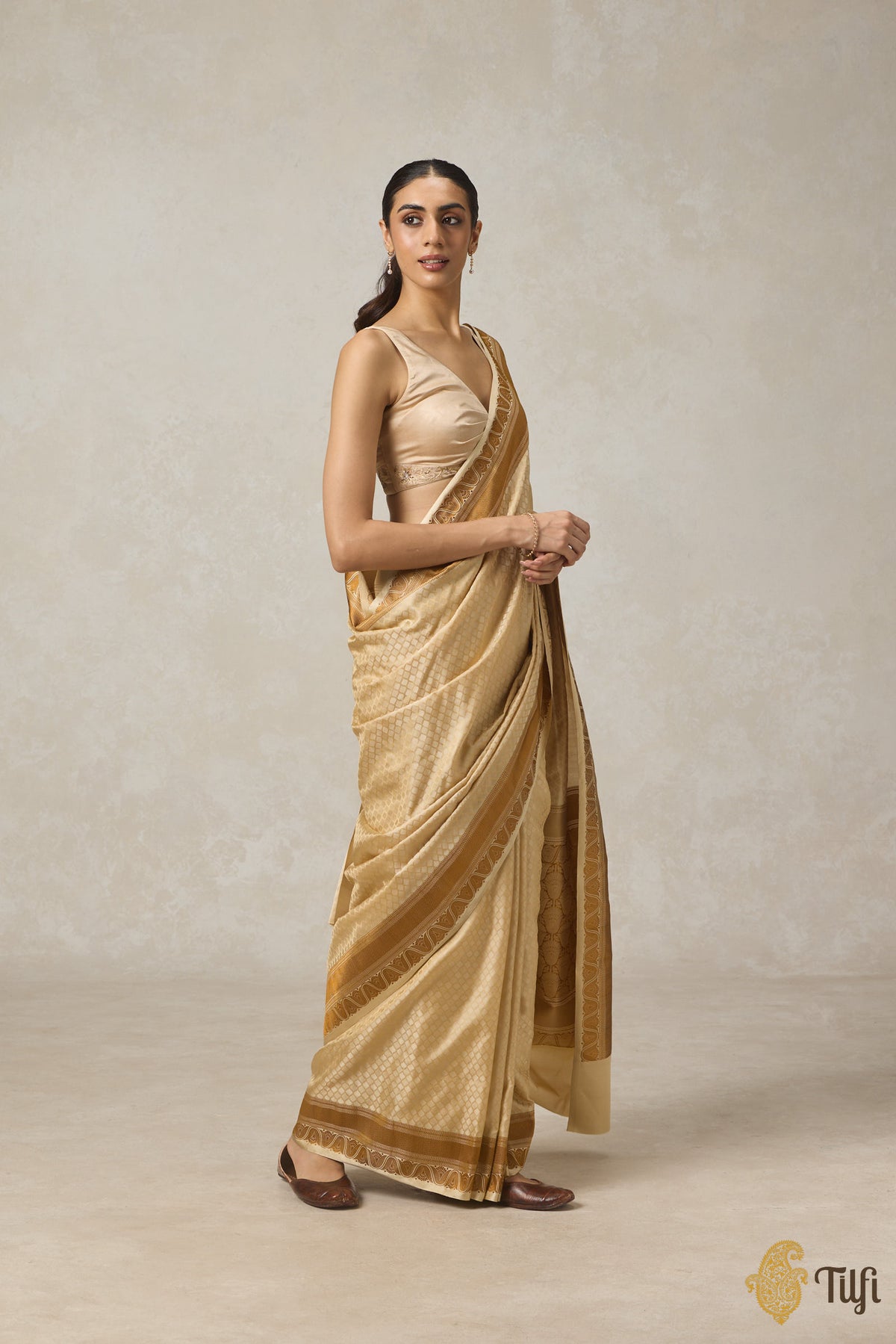 Beige Pure Soft Satin Silk Banarasi Handloom Saree