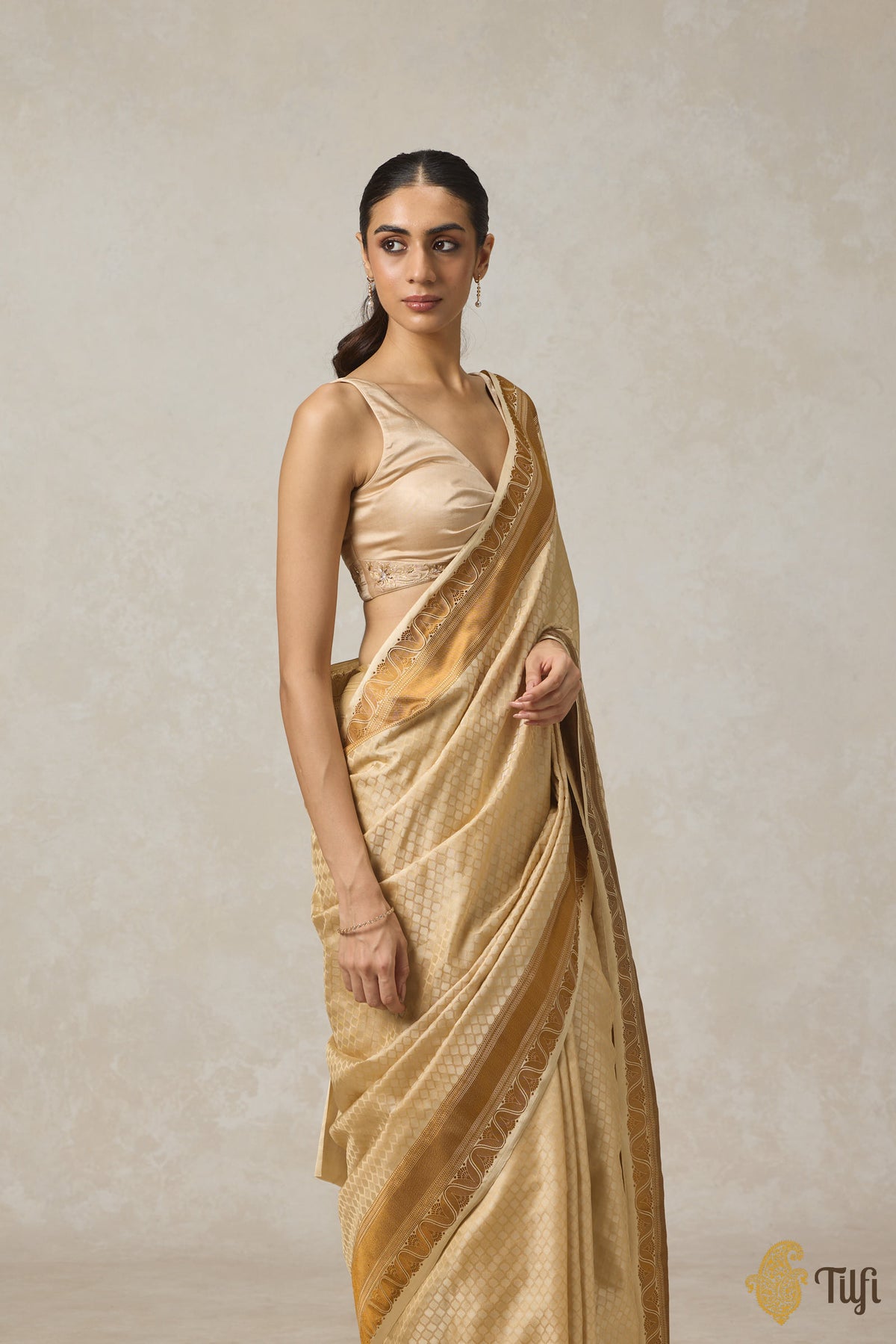 Beige Pure Soft Satin Silk Banarasi Handloom Saree