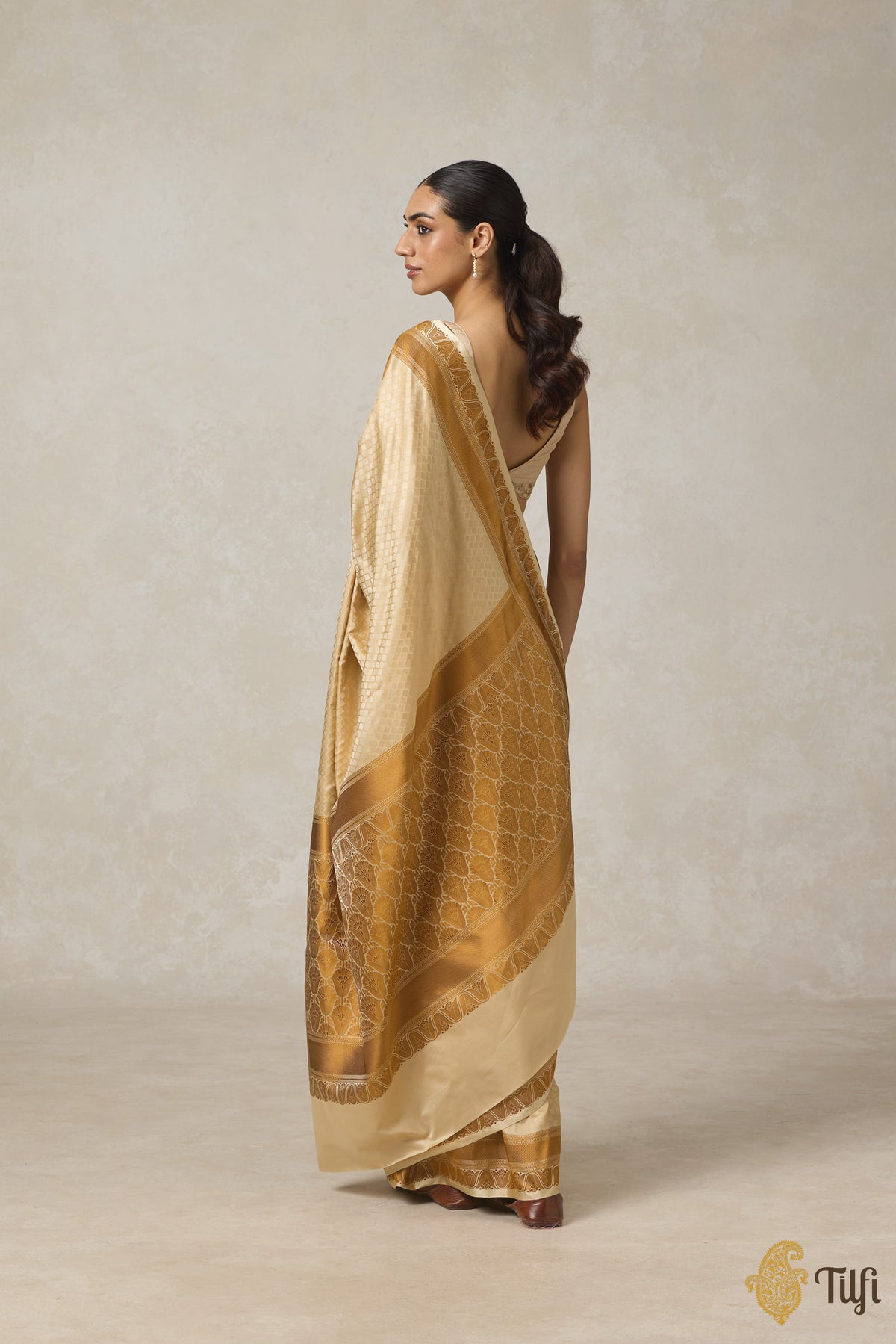 Beige Pure Soft Satin Silk Banarasi Handloom Saree