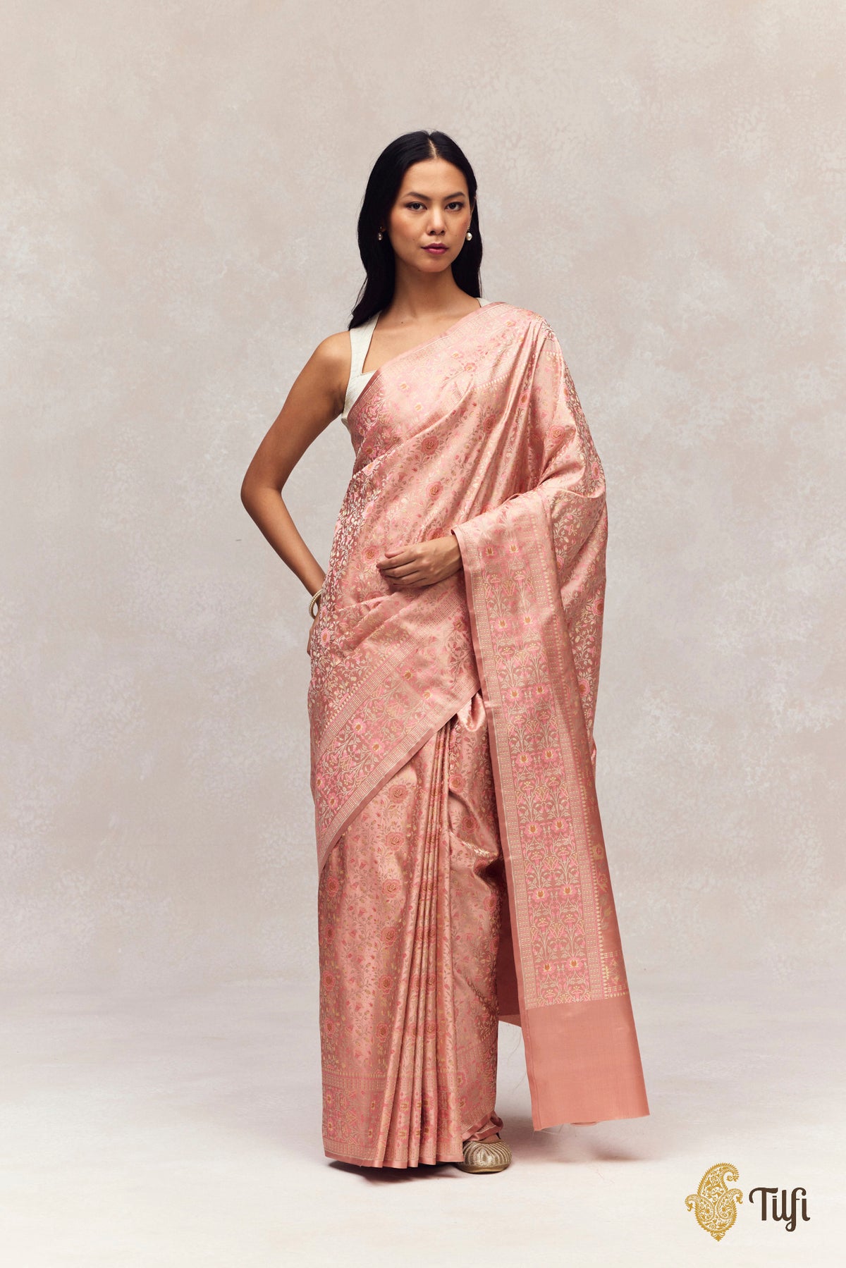 'Parijat' Rose Pink Pure Soft Satin Silk Banarasi Tanchoi Handloom Saree
