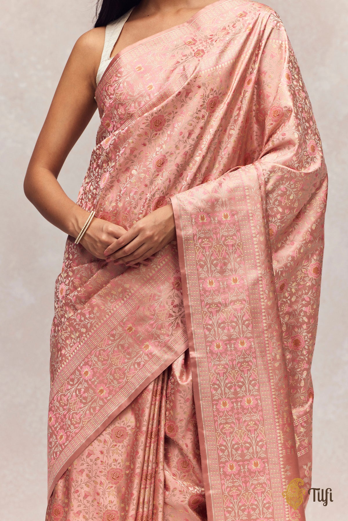 'Parijat' Rose Pink Pure Soft Satin Silk Banarasi Tanchoi Handloom Saree