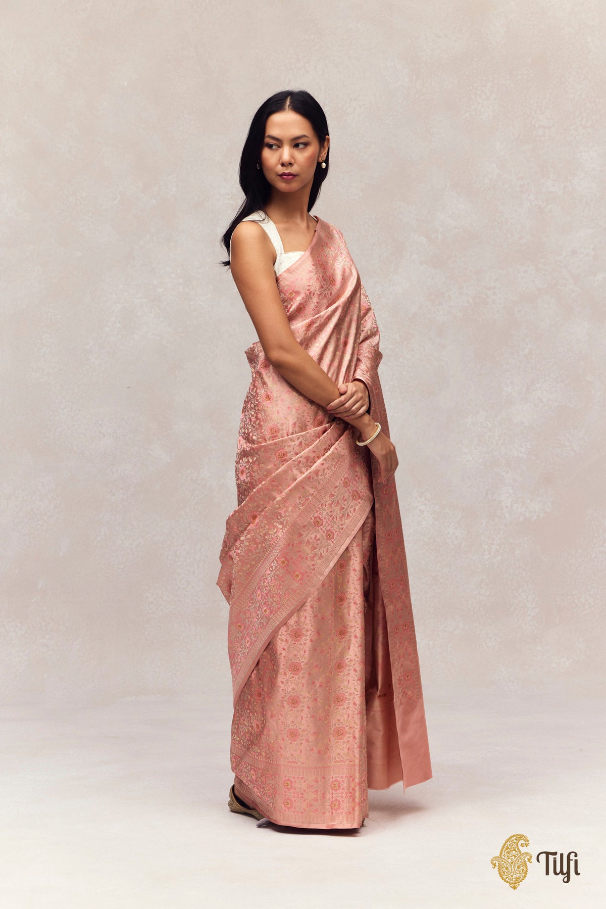 'Parijat' Rose Pink Pure Soft Satin Silk Banarasi Tanchoi Handloom Saree