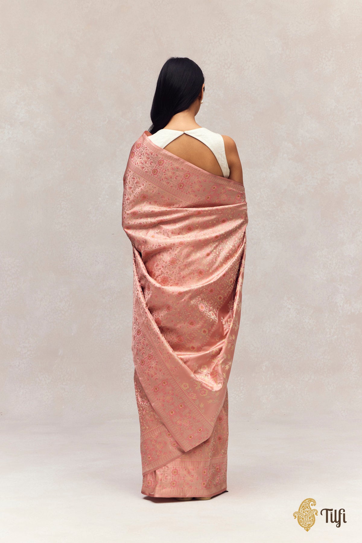 'Parijat' Rose Pink Pure Soft Satin Silk Banarasi Tanchoi Handloom Saree