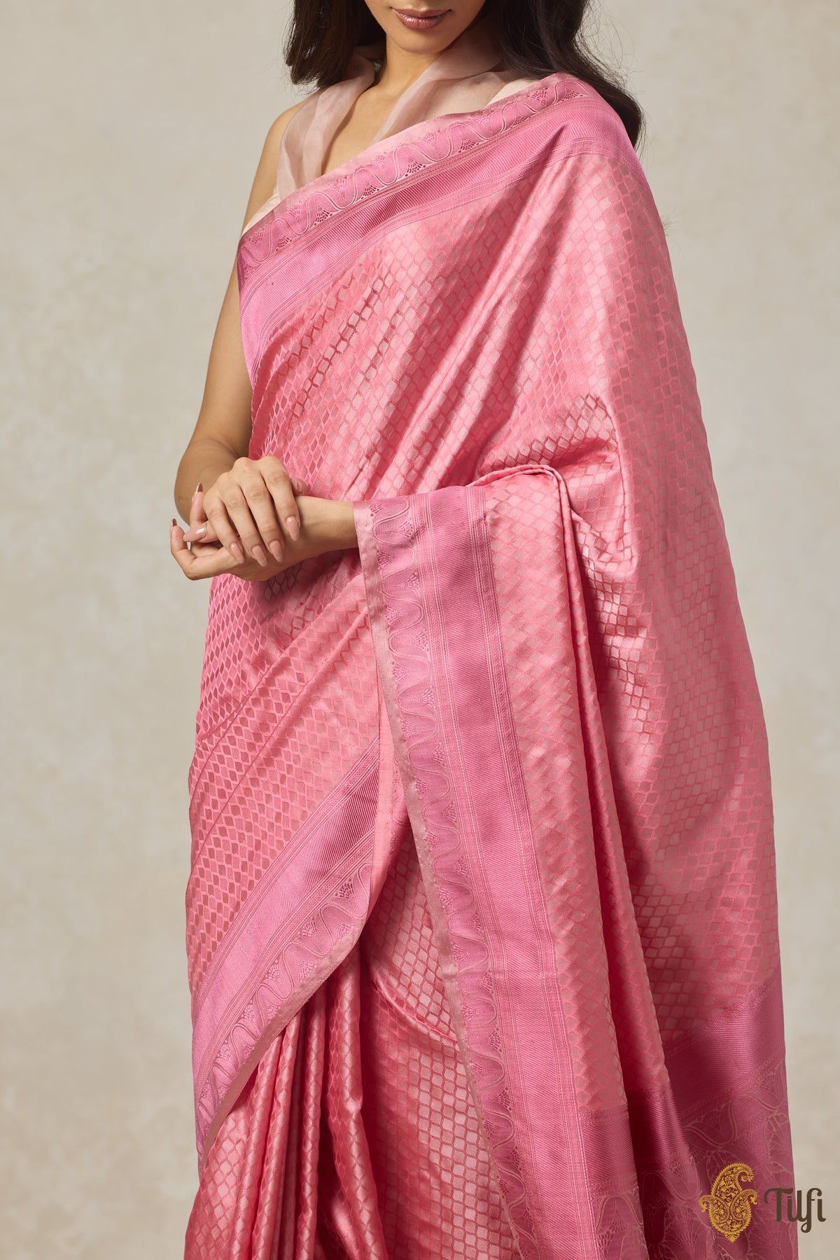 Flamingo Pink Pure Soft Satin Silk Banarasi Handloom Saree