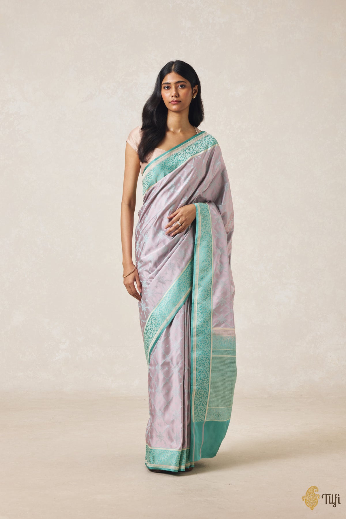Soft Pink & Blue Pure Soft Satin Tanchoi Banarasi Handloom Saree
