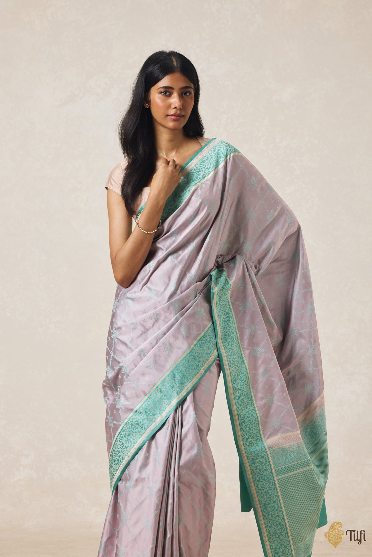 Soft Pink & Blue Pure Soft Satin Tanchoi Banarasi Handloom Saree