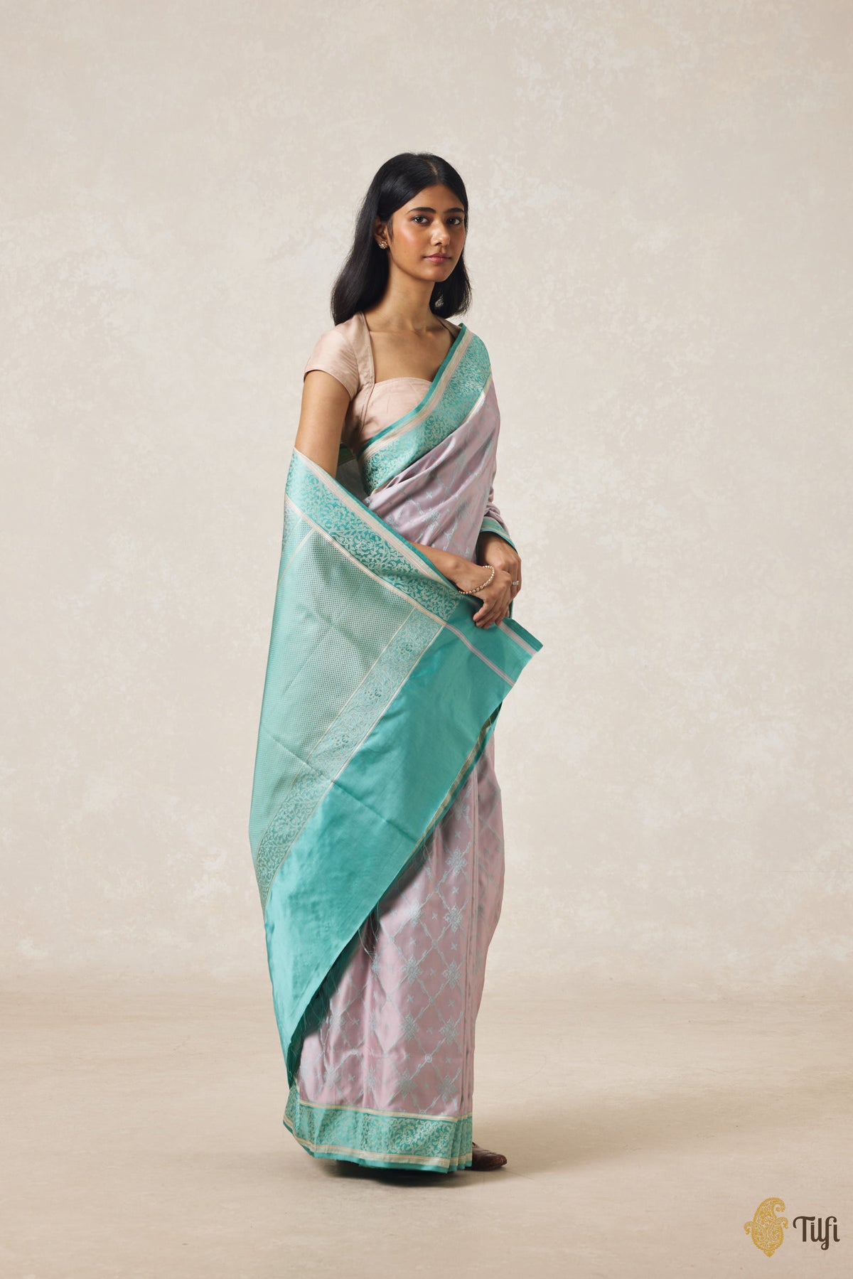 Soft Pink & Blue Pure Soft Satin Tanchoi Banarasi Handloom Saree