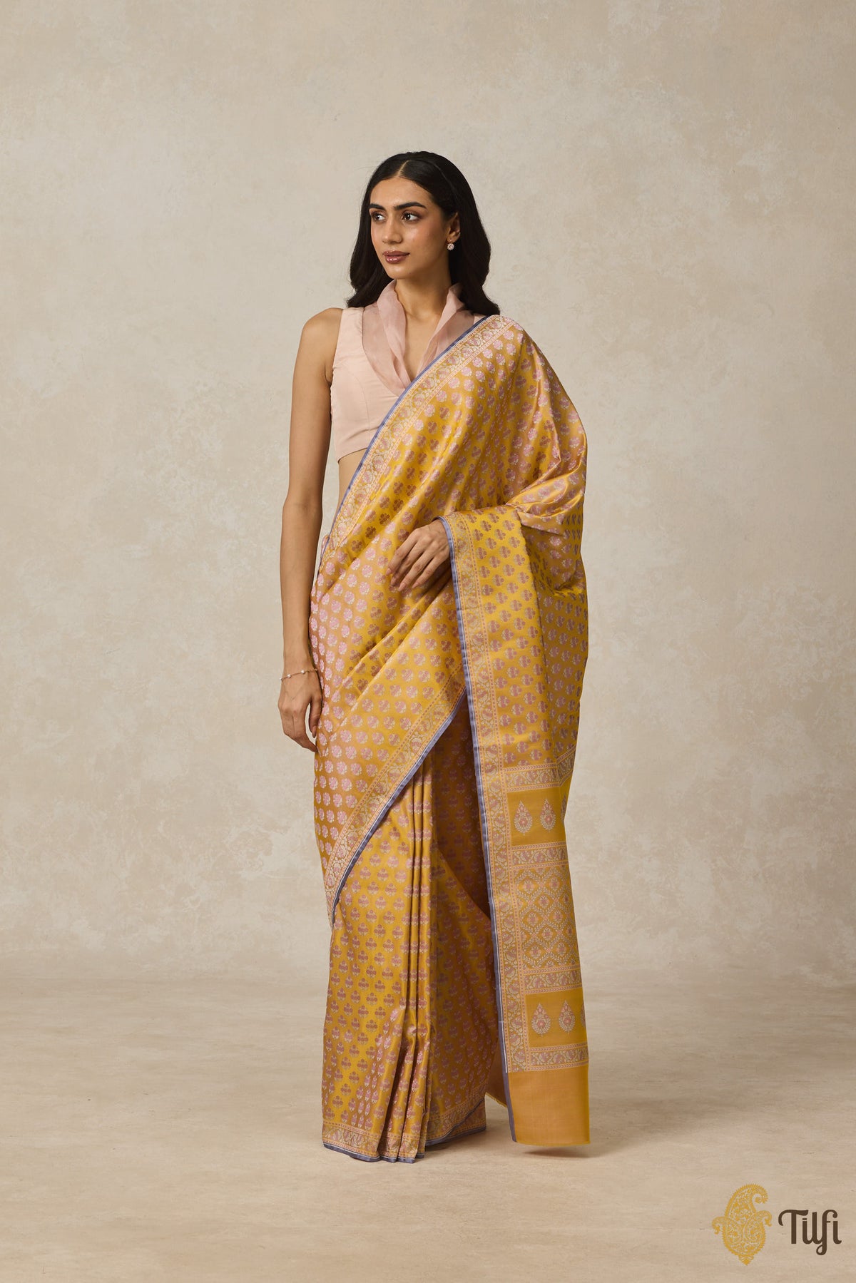 Pre-Order: Yellow Pure Satin Silk Banarasi Tanchoi Handloom Saree