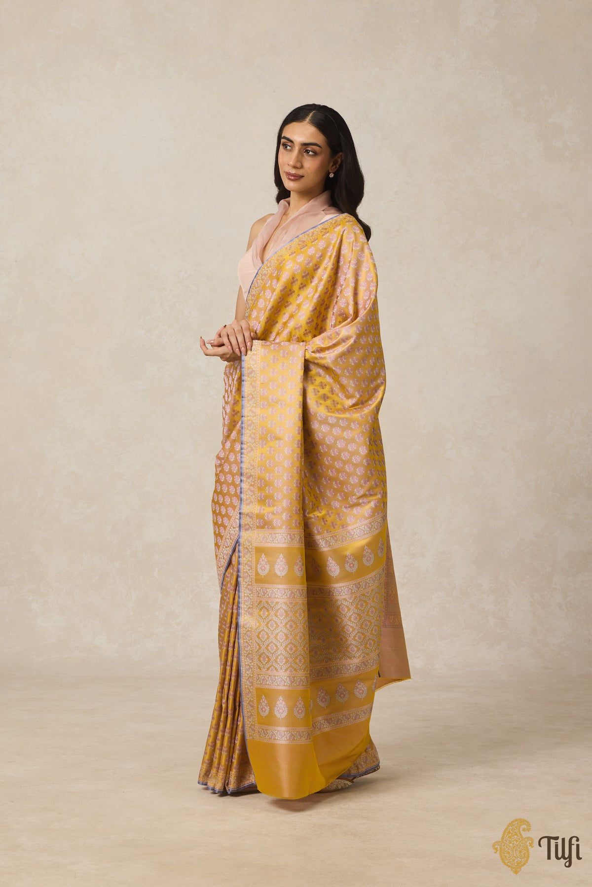 Pre-Order: Yellow Pure Satin Silk Banarasi Tanchoi Handloom Saree