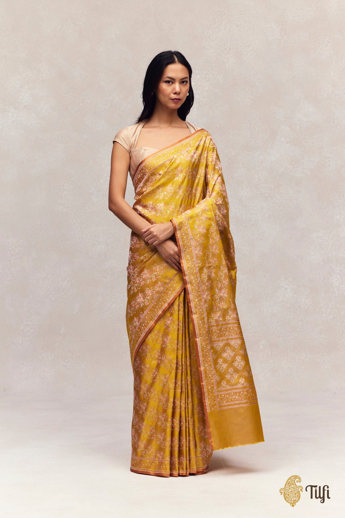 'First Bloom' Yellow Pure Soft Satin Silk Banarasi Handloom Saree