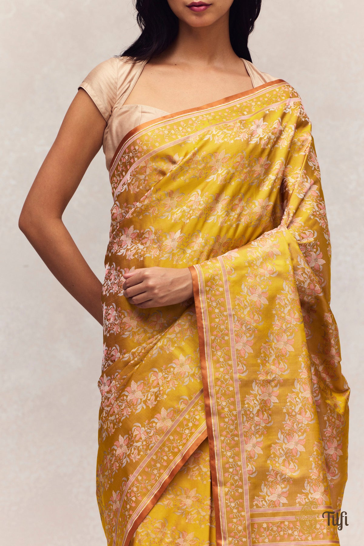'First Bloom' Yellow Pure Soft Satin Silk Banarasi Handloom Saree