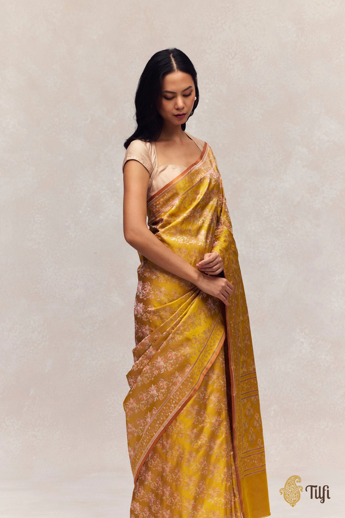 'First Bloom' Yellow Pure Soft Satin Silk Banarasi Handloom Saree