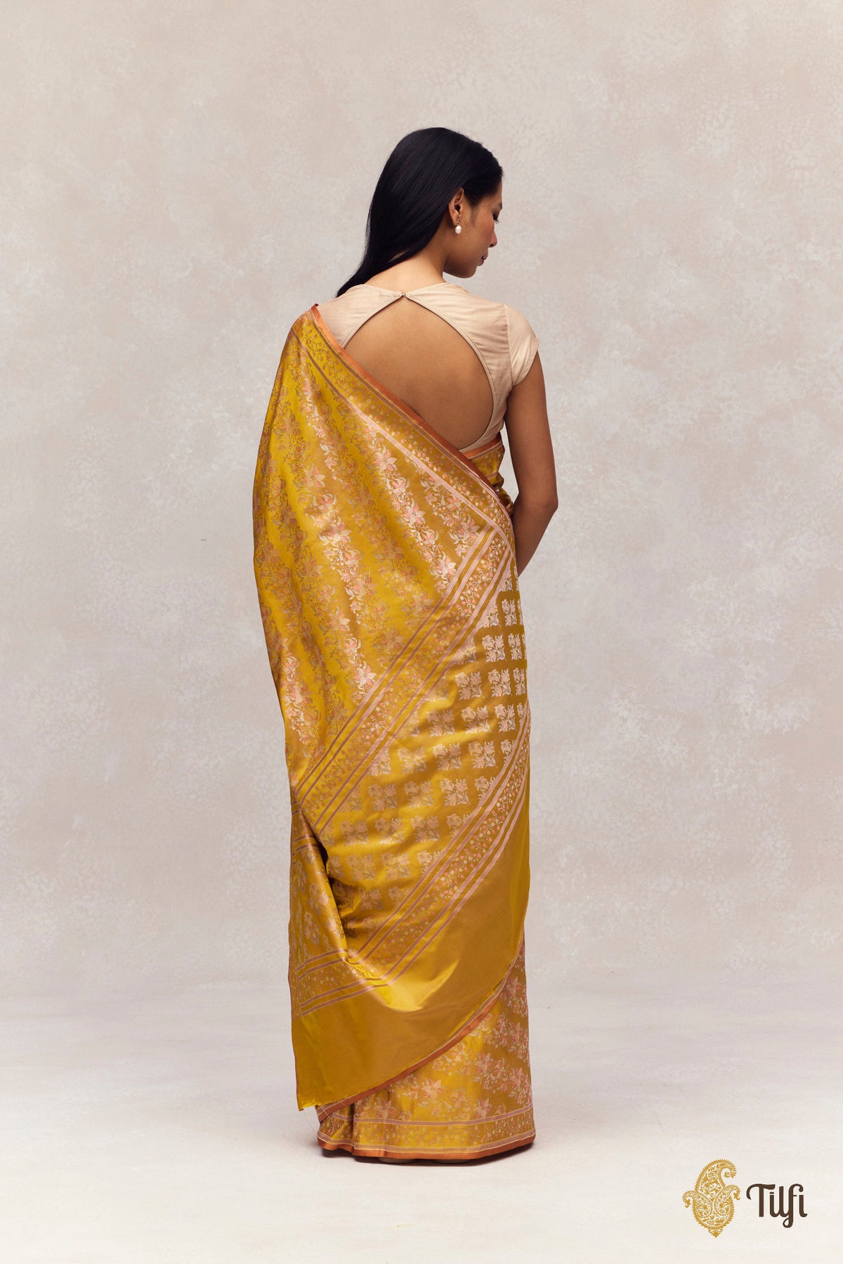 'First Bloom' Yellow Pure Soft Satin Silk Banarasi Handloom Saree
