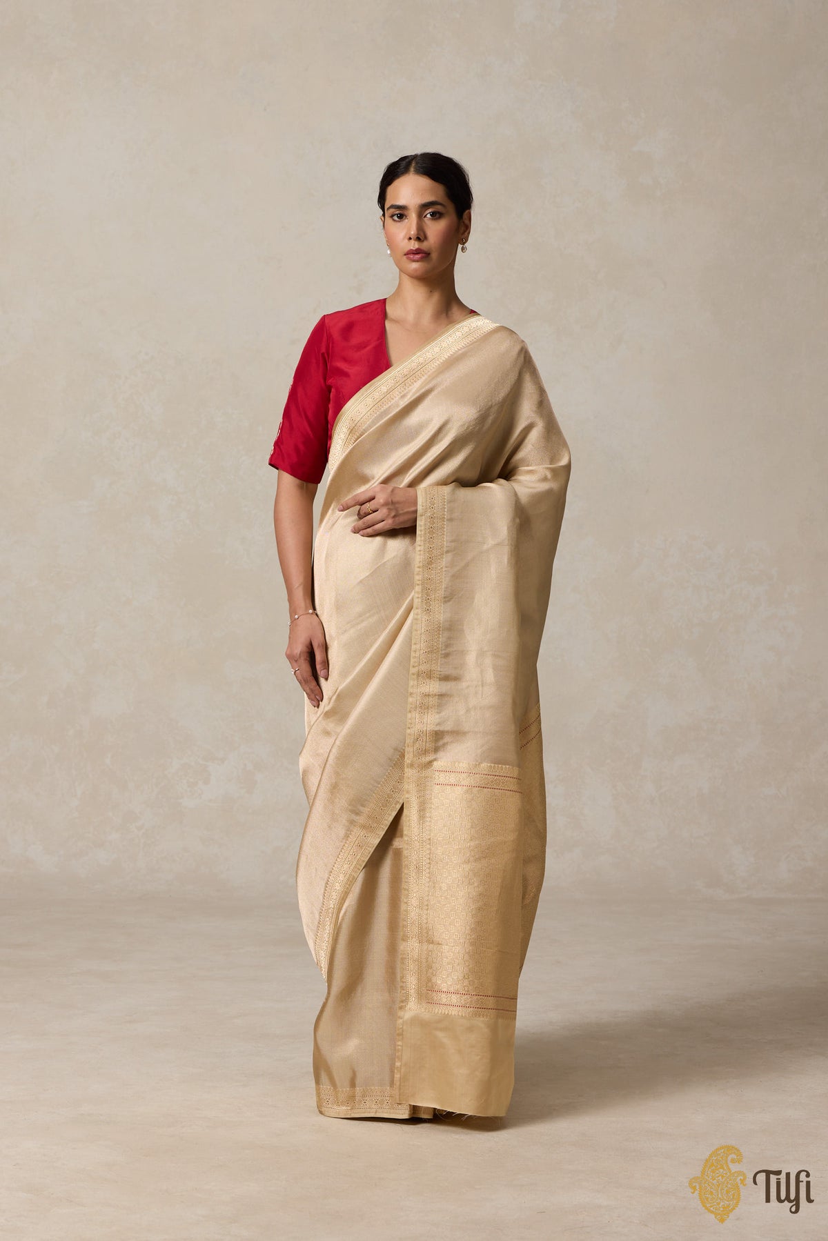 Pre-Order: Beige-Gold Pure Soft Satin Silk Banarasi Tanchoi Handloom Saree