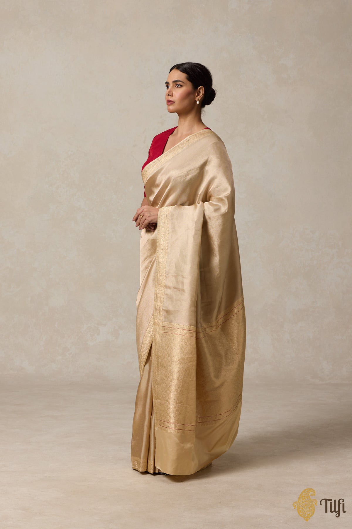 Pre-Order: Beige-Gold Pure Soft Satin Silk Banarasi Tanchoi Handloom Saree