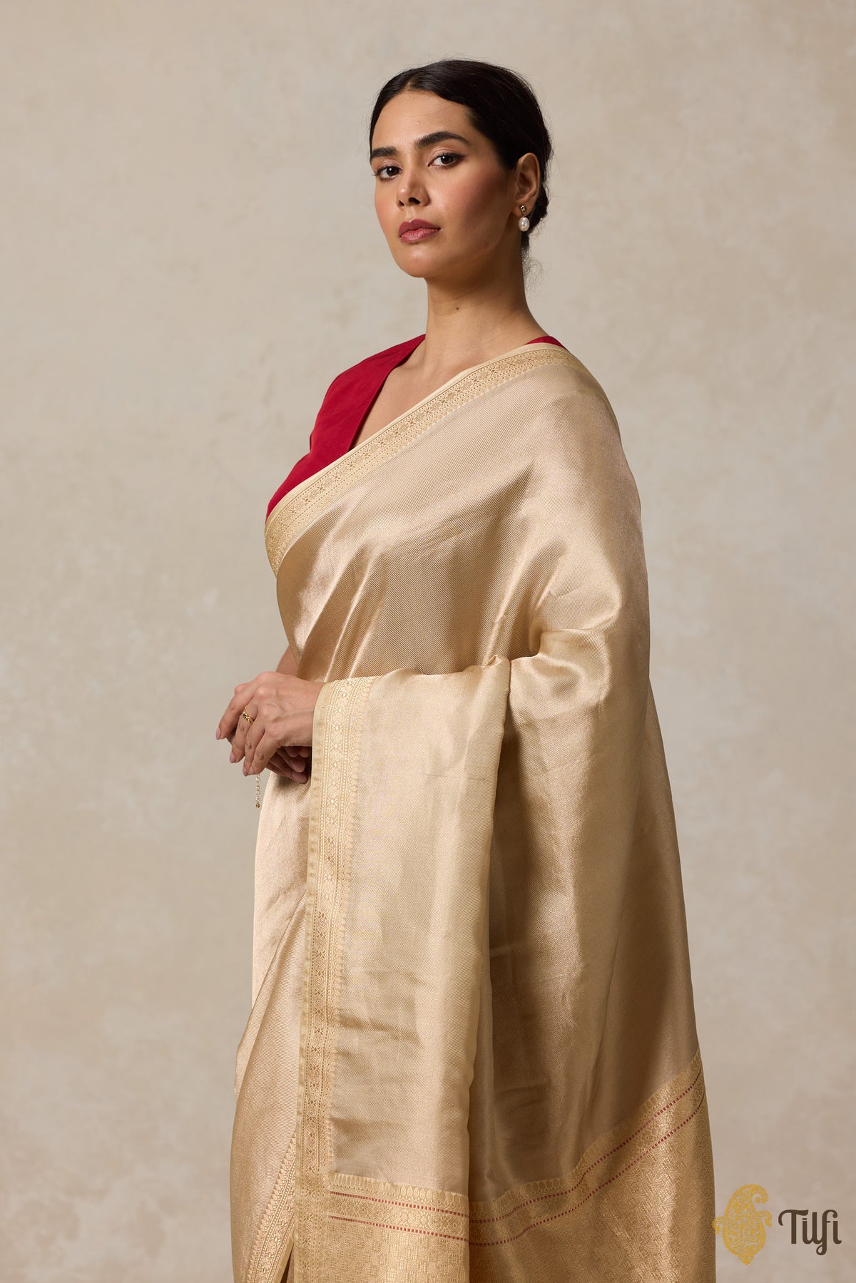 Pre-Order: Beige-Gold Pure Soft Satin Silk Banarasi Tanchoi Handloom Saree