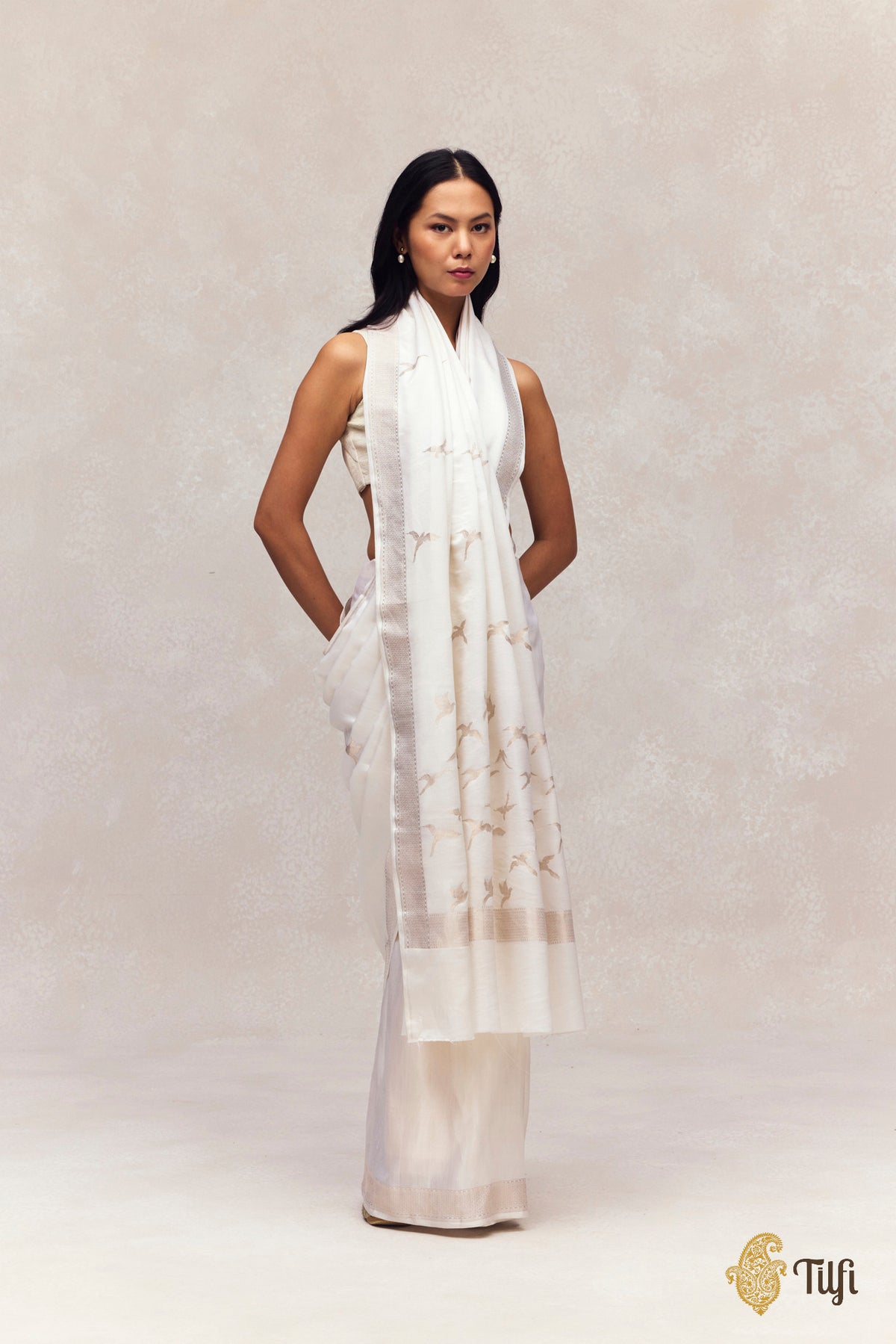 White Pure Kora by Cotton Banarasi Handloom Saree