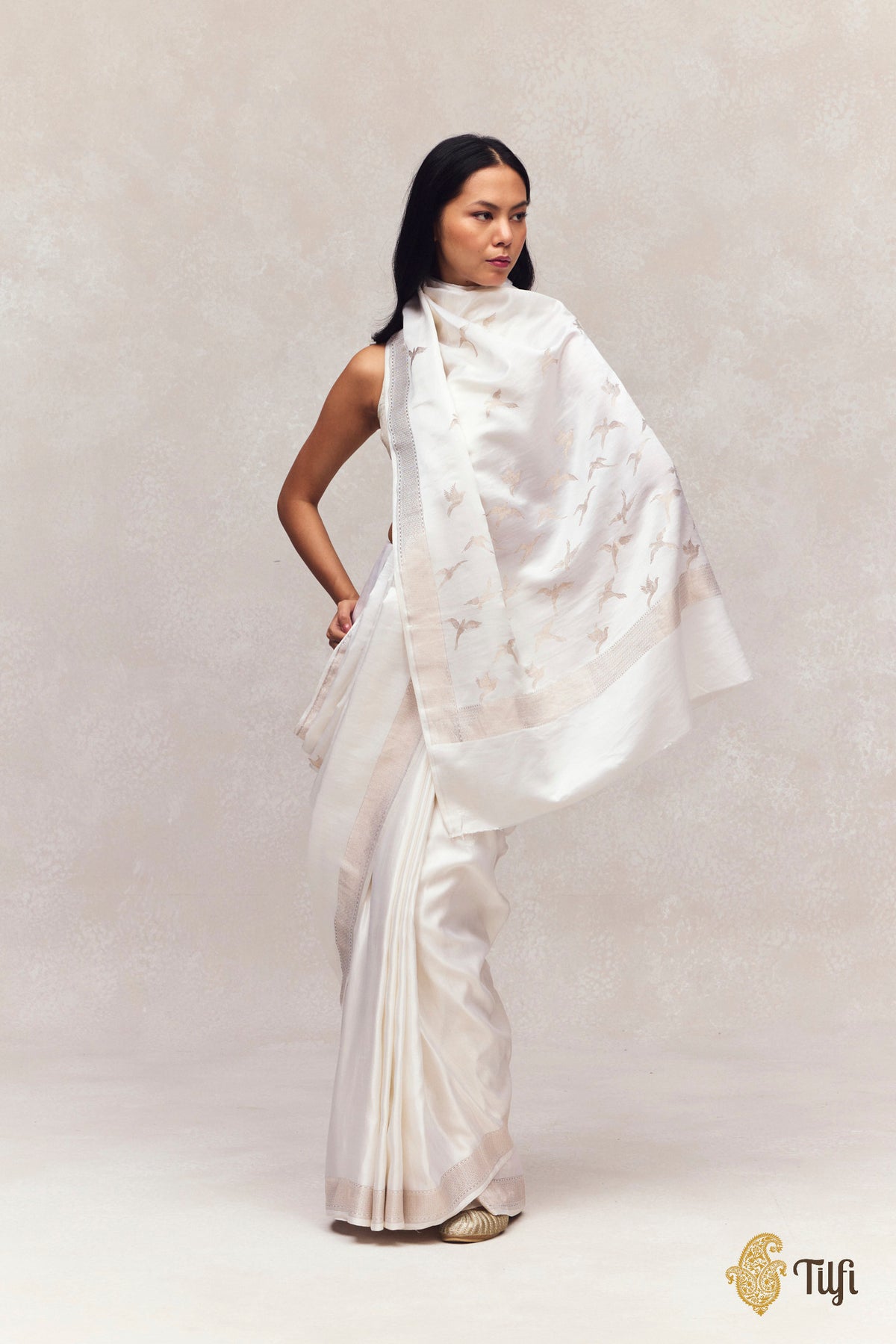 White Pure Kora by Cotton Banarasi Handloom Saree
