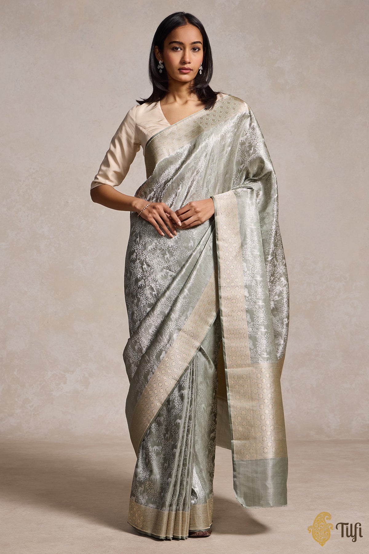 Silver Sage Pure Satin Silk Tissue Banarasi Shikargah Handloom Saree