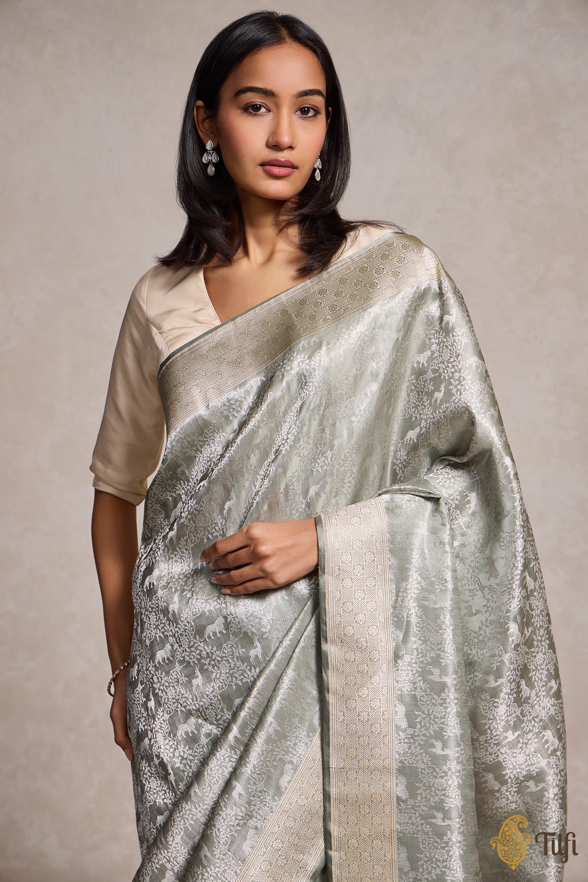 Silver Sage Pure Satin Silk Tissue Banarasi Shikargah Handloom Saree