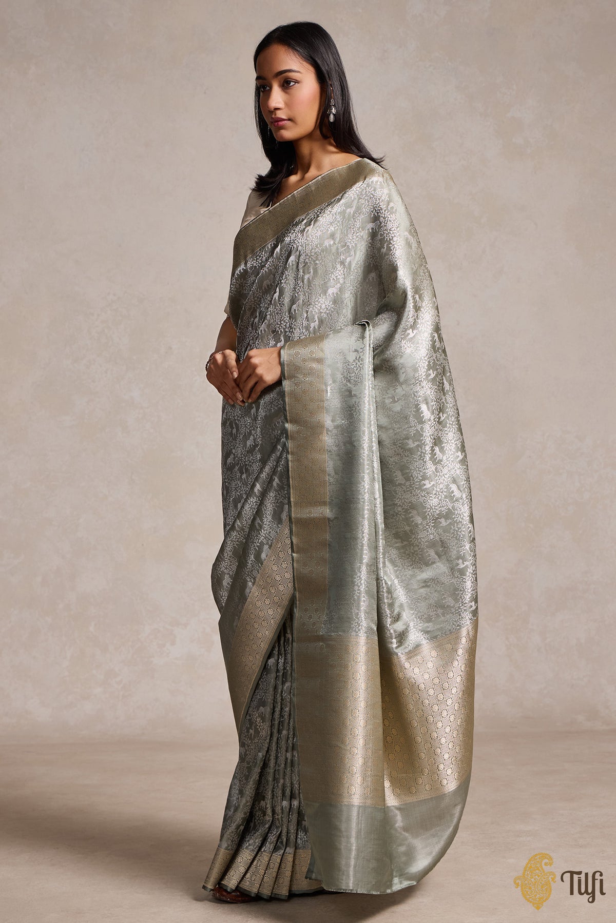 Silver Sage Pure Satin Silk Tissue Banarasi Shikargah Handloom Saree