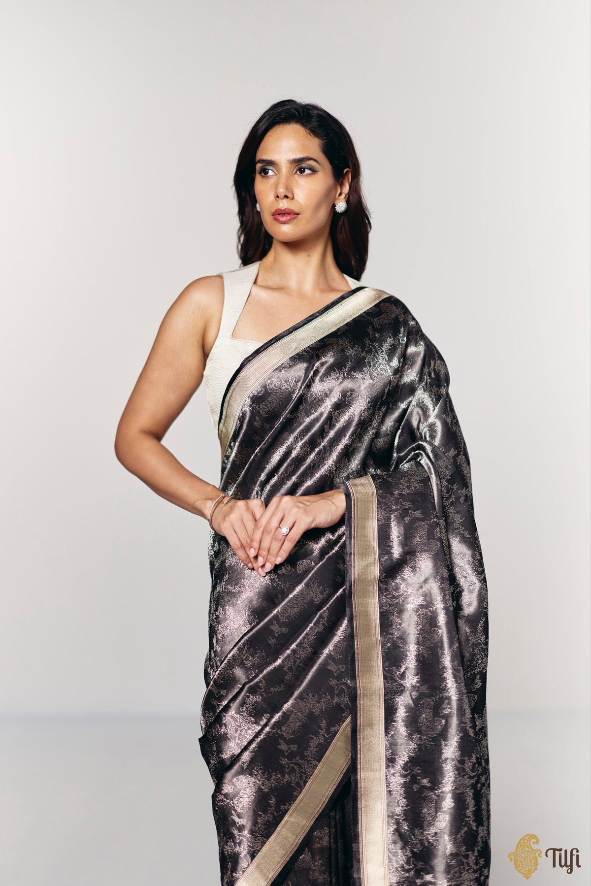 'Whispers of the Wild' Black Pure Soft Satin Tissue Tanchoi Saree