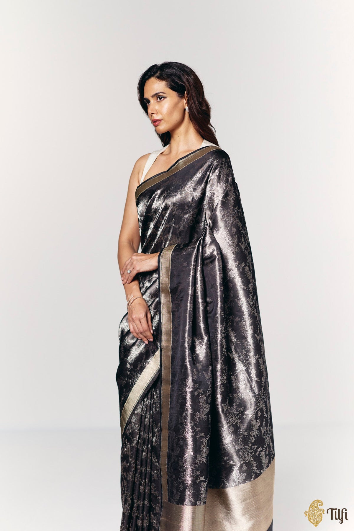 'Whispers of the Wild' Black Pure Soft Satin Tissue Tanchoi Saree
