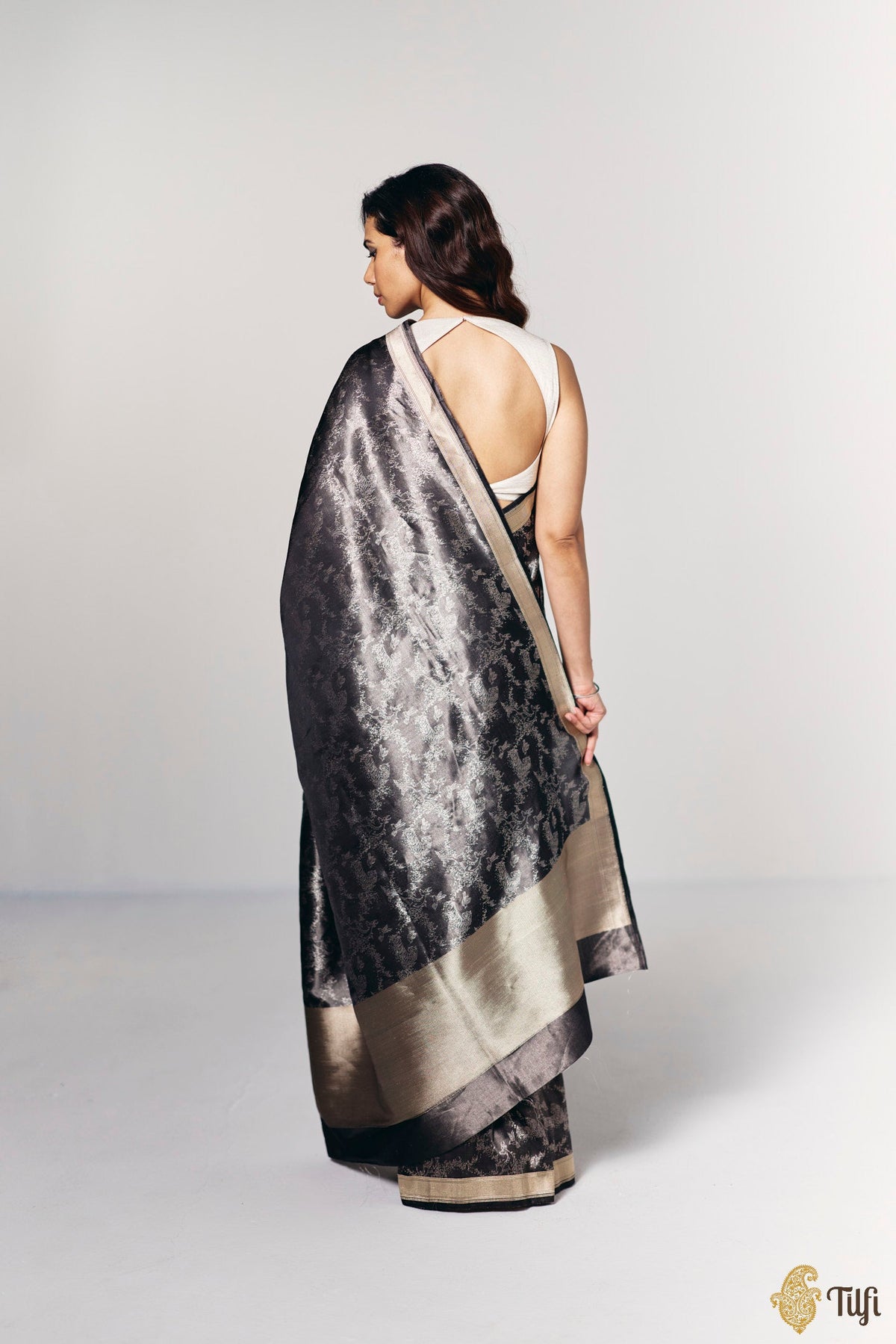'Whispers of the Wild' Black Pure Soft Satin Tissue Tanchoi Saree
