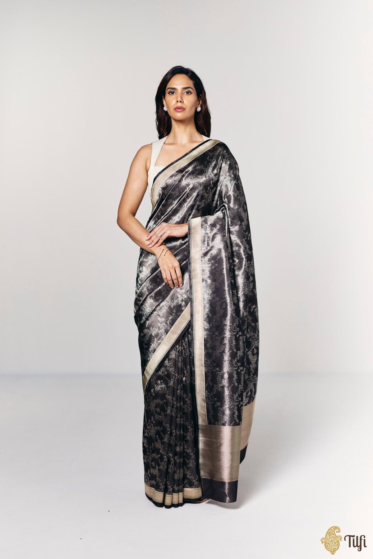 'Whispers of the Wild' Black Pure Soft Satin Tissue Tanchoi Saree