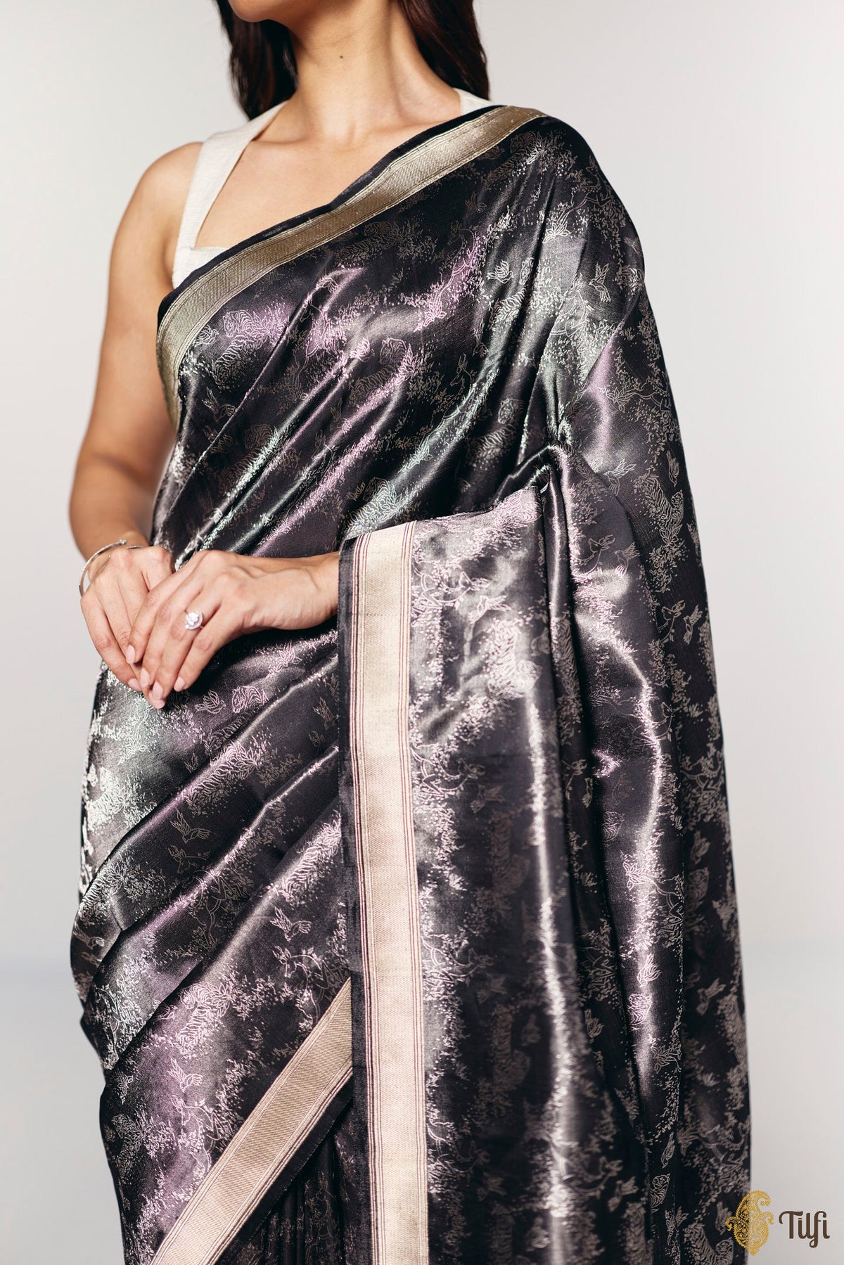 'Whispers of the Wild' Black Pure Soft Satin Tissue Tanchoi Saree