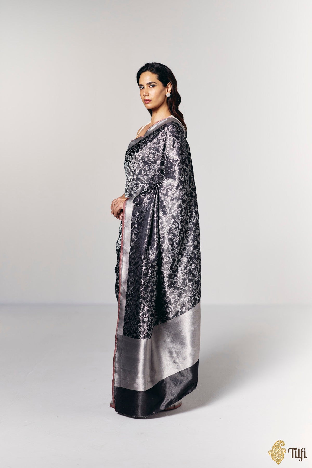 'Paradise in Bloom' Black Pure Soft Satin Tissue Tanchoi Saree