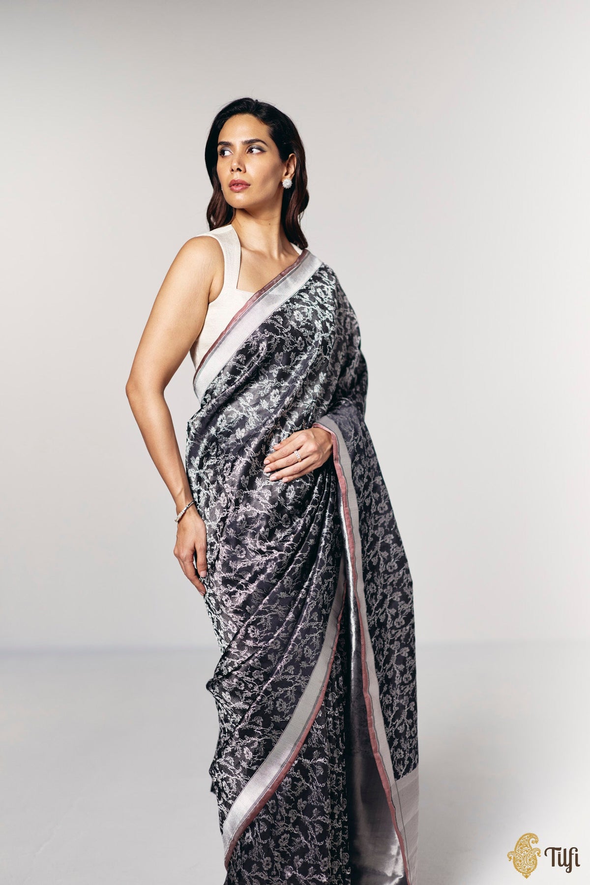 'Paradise in Bloom' Black Pure Soft Satin Tissue Tanchoi Saree