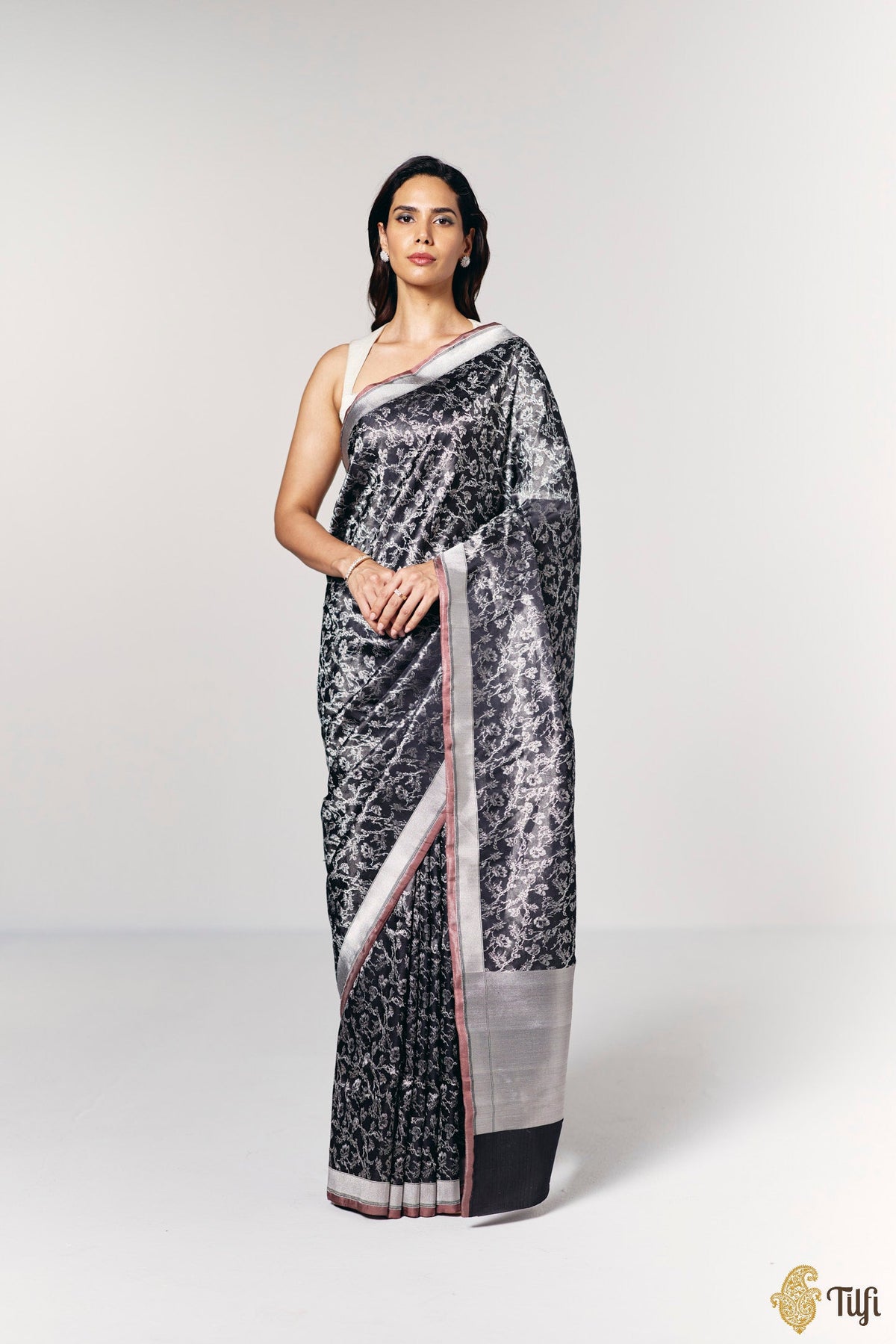 'Paradise in Bloom' Black Pure Soft Satin Tissue Tanchoi Saree