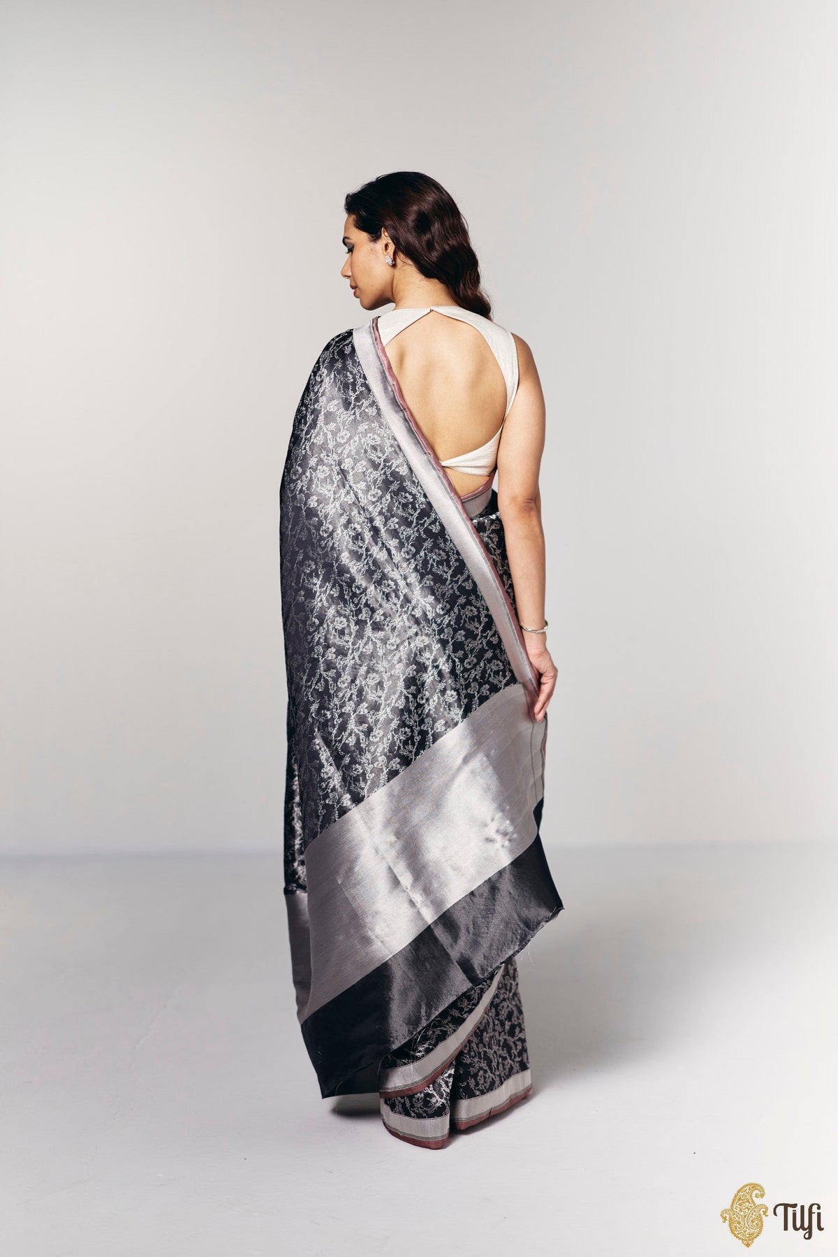 'Paradise in Bloom' Black Pure Soft Satin Tissue Tanchoi Saree