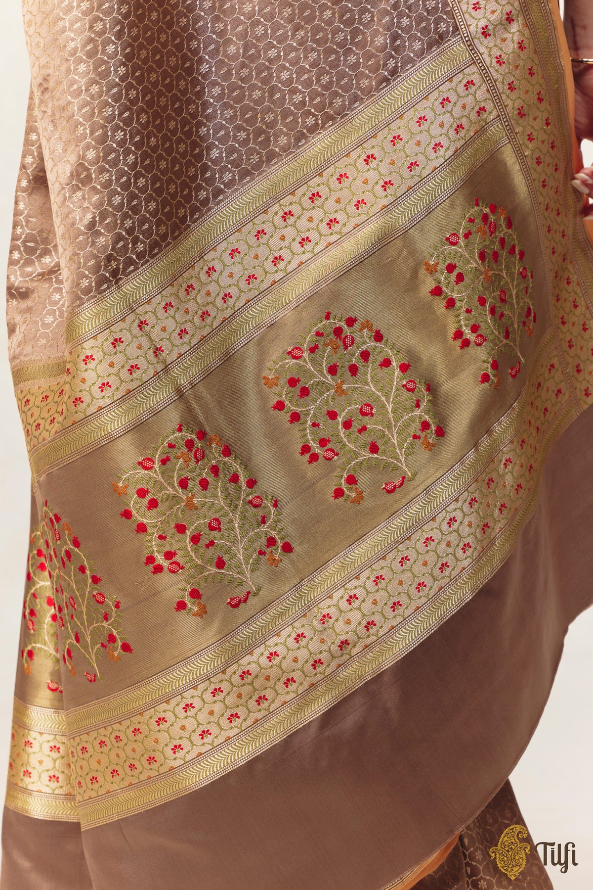 Pre-Order: 'Anar Lata' Dark Brown Pure Satin Silk Tissue Banarasi Handloom Saree