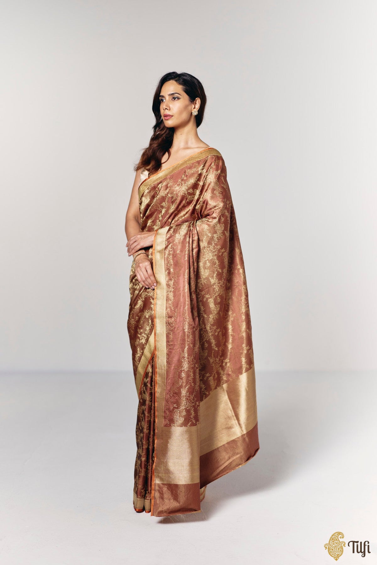 'Whispers of the Wild' Brown Pure Soft Satin Tissue Tanchoi Saree
