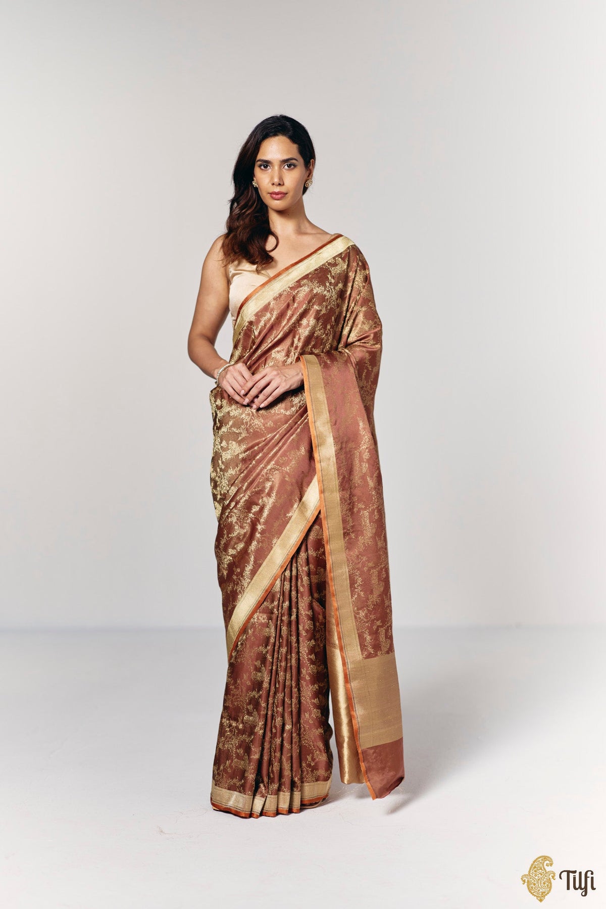 'Whispers of the Wild' Brown Pure Soft Satin Tissue Tanchoi Saree
