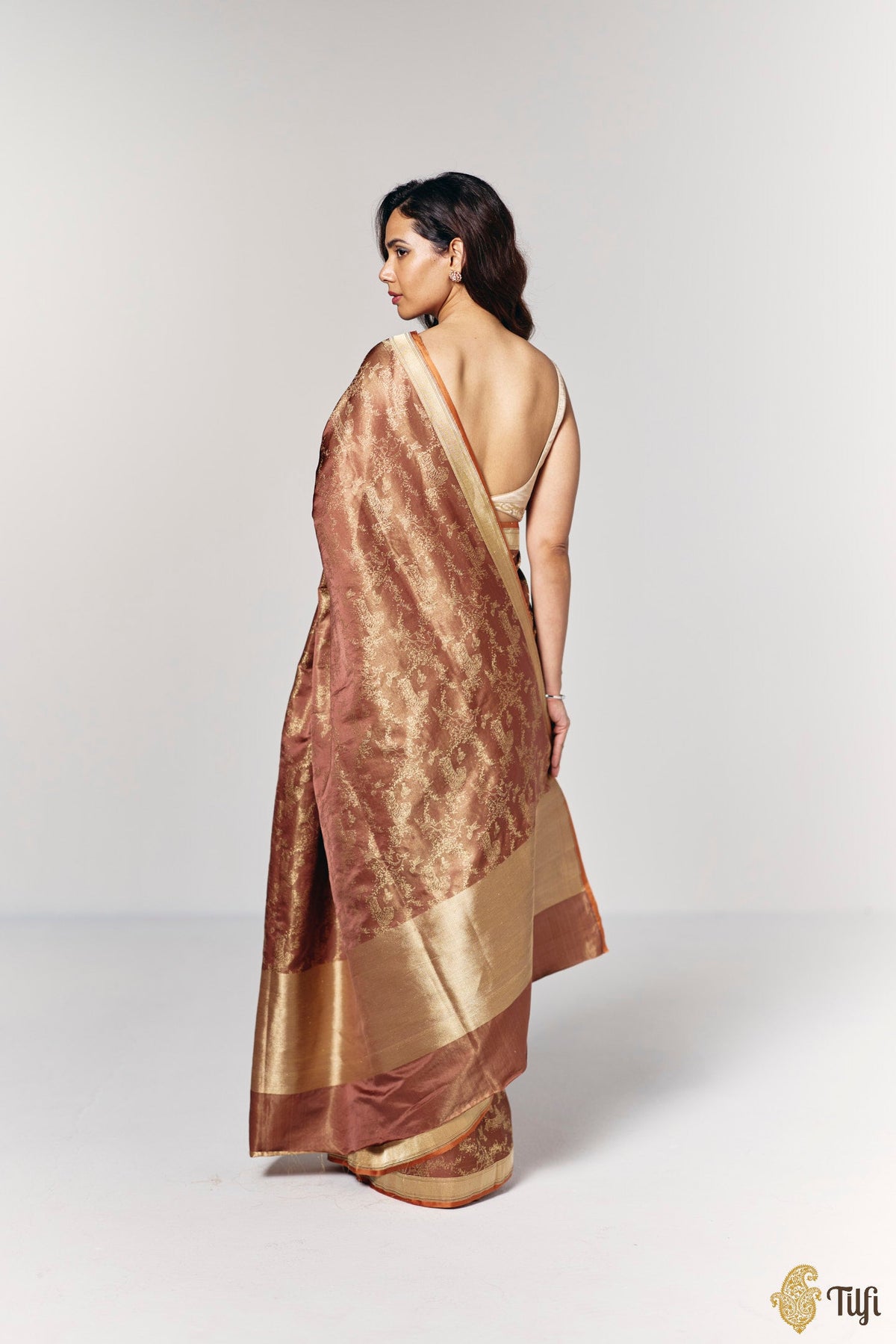 'Whispers of the Wild' Brown Pure Soft Satin Tissue Tanchoi Saree
