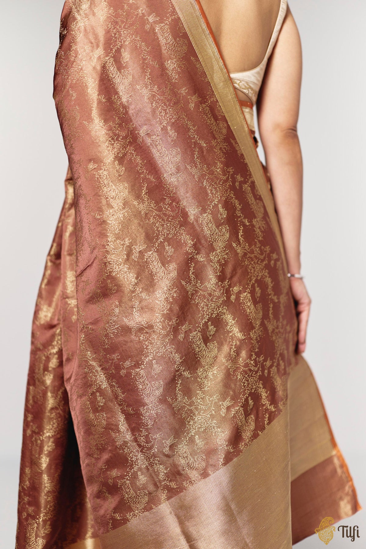 'Whispers of the Wild' Brown Pure Soft Satin Tissue Tanchoi Saree