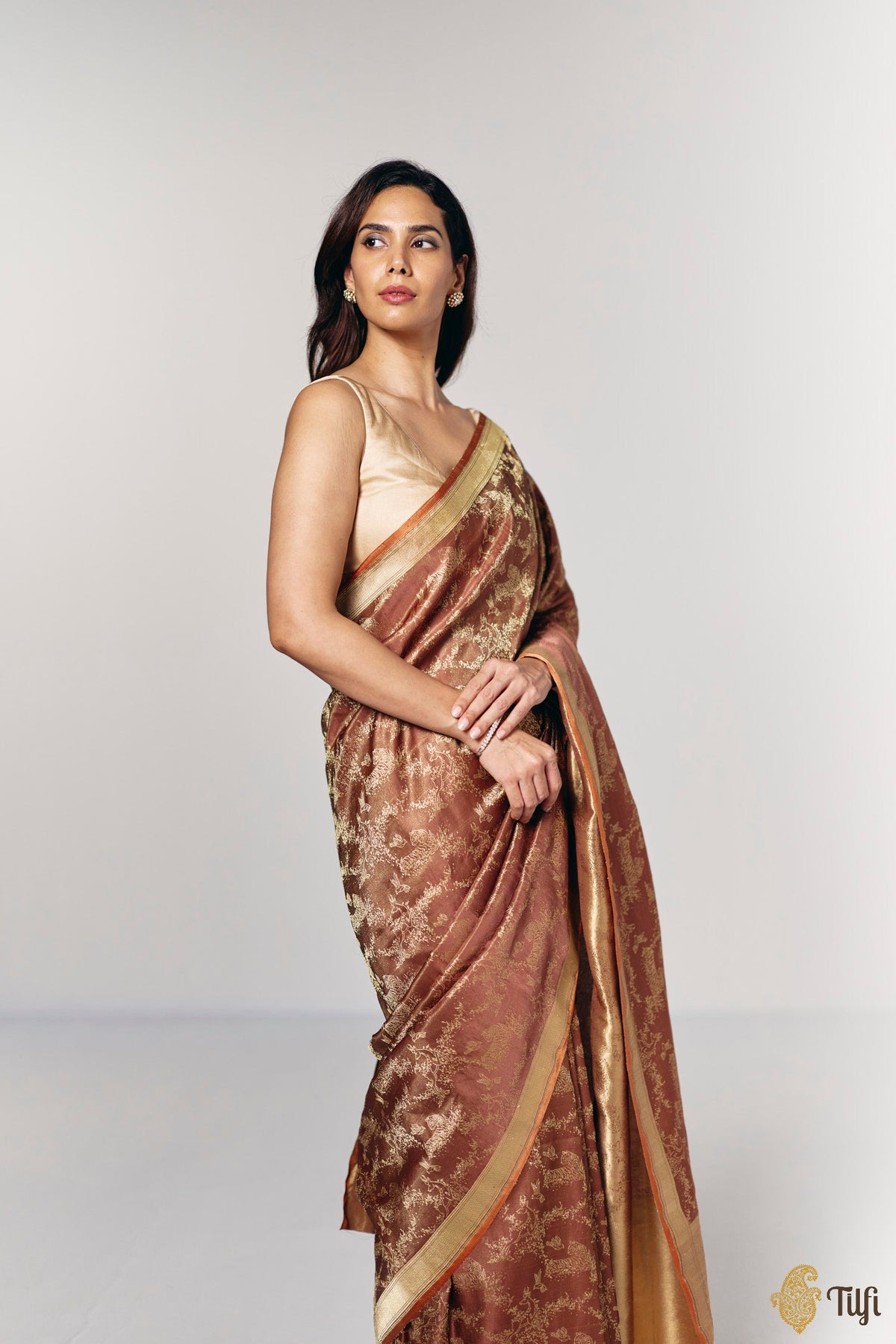 'Whispers of the Wild' Brown Pure Soft Satin Tissue Tanchoi Saree
