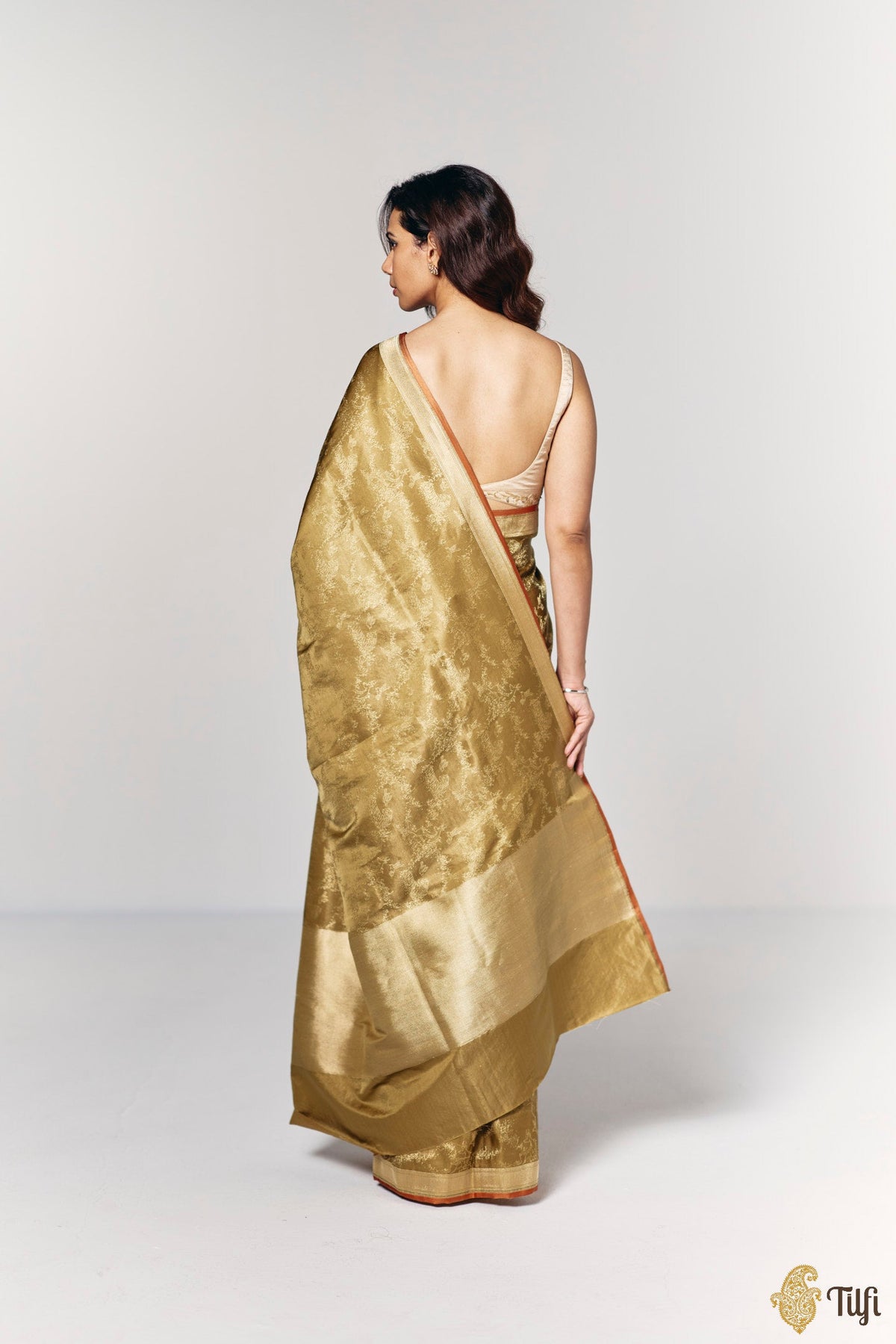 'Whispers of the Wild' Mehendi Green Pure Soft Satin Tissue Tanchoi Saree