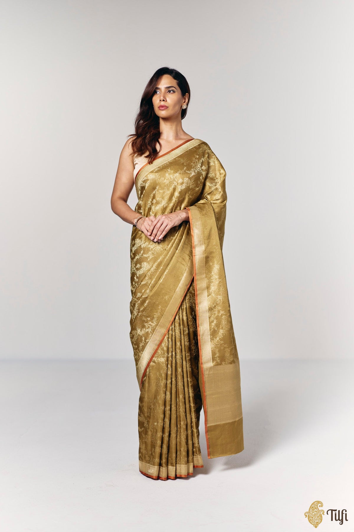 'Whispers of the Wild' Mehendi Green Pure Soft Satin Tissue Tanchoi Saree