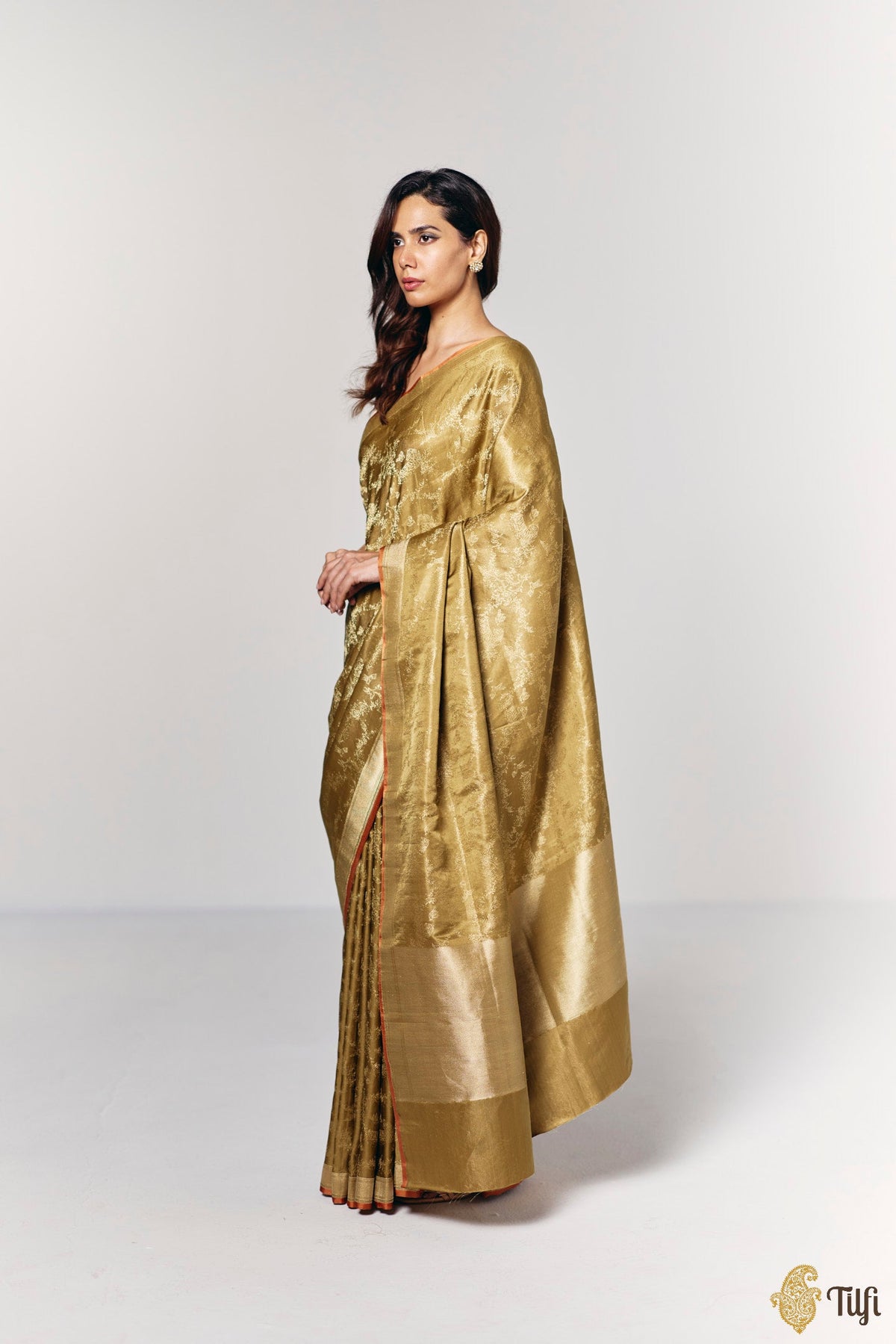 'Whispers of the Wild' Mehendi Green Pure Soft Satin Tissue Tanchoi Saree