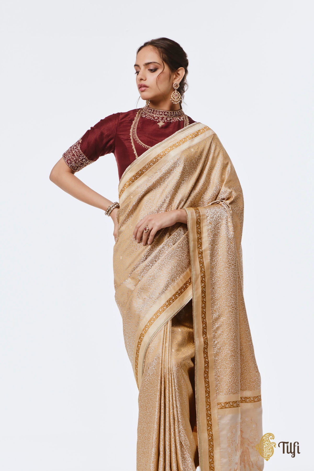 Pre-Order: 'Madanika' Off White-Beige Pure Satin Silk Banarasi Handloom Saree