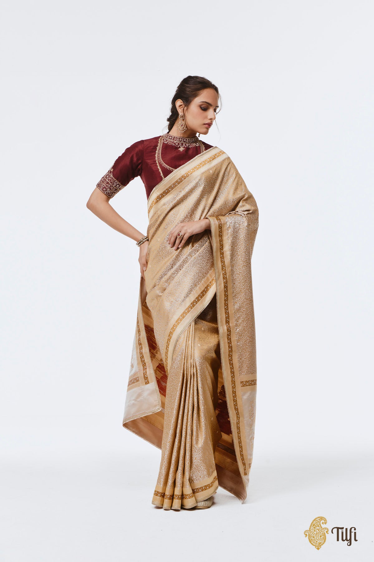 Pre-Order: 'Madanika' Off White-Beige Pure Satin Silk Banarasi Handloom Saree
