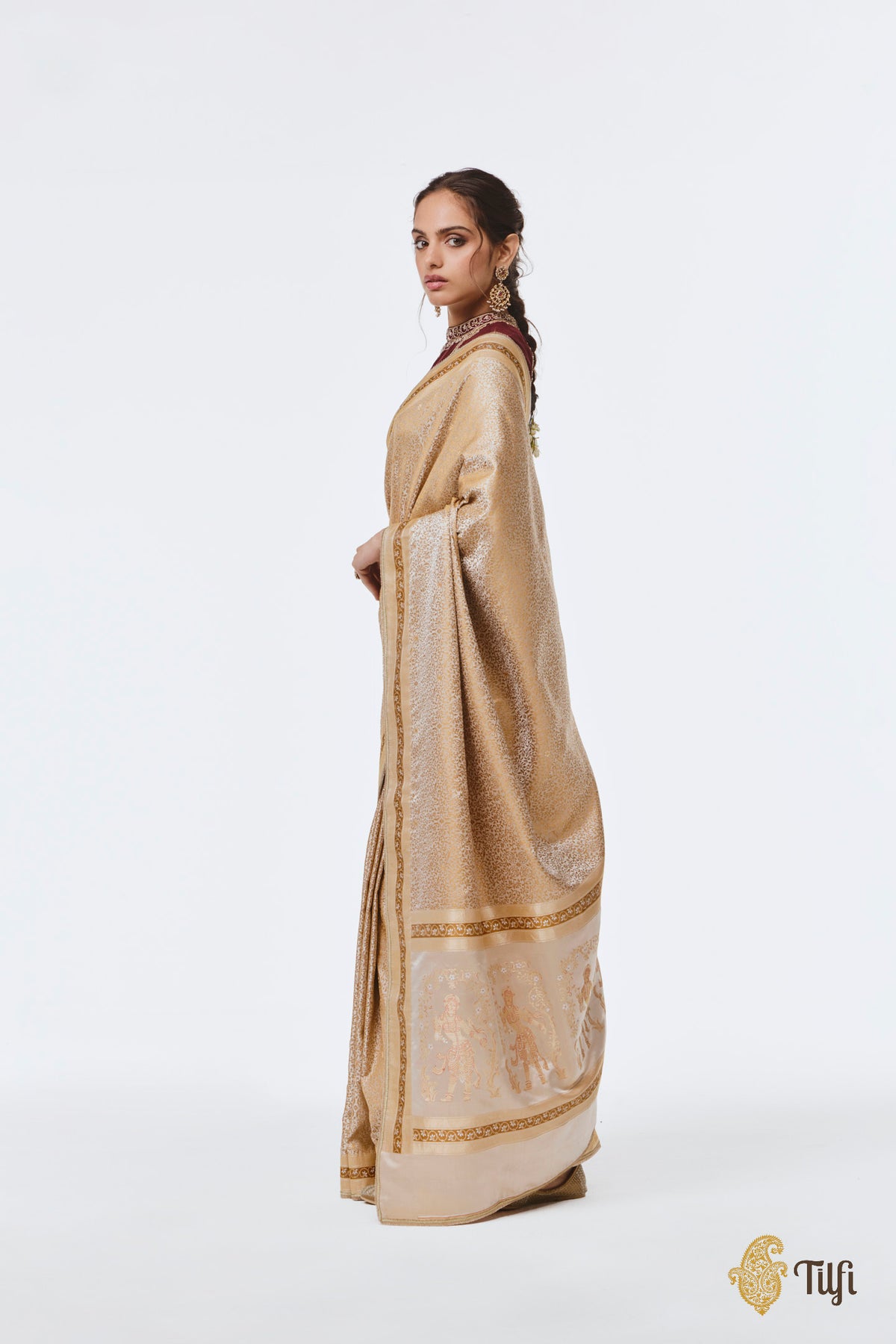 Pre-Order: 'Madanika' Off White-Beige Pure Satin Silk Banarasi Handloom Saree